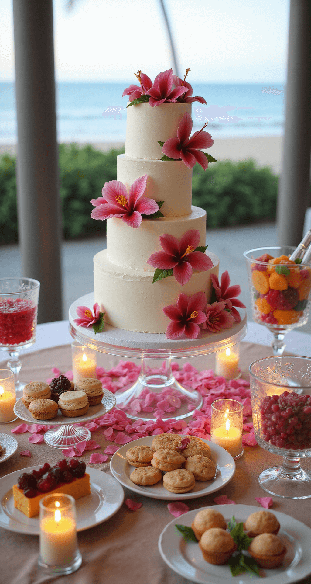 A four-tier white wedding cake decorated with sugar flowers and surrounded by fresh hibiscus, plumeria, and orchids, showcased on a clear acrylic stand above scattered rose petals and tea lights, with coconut macarons, tropical fruit tarts, and colorful dragées on nearby dessert tables, illuminated by late afternoon light with an ocean backdrop.