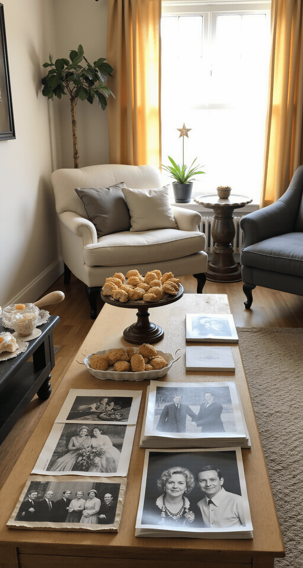 Living room decorated for anniversary with sunlight through golden drapes, dessert station with gold-dusted petit fours, and vintage photos showcasing decades of a couple's story.