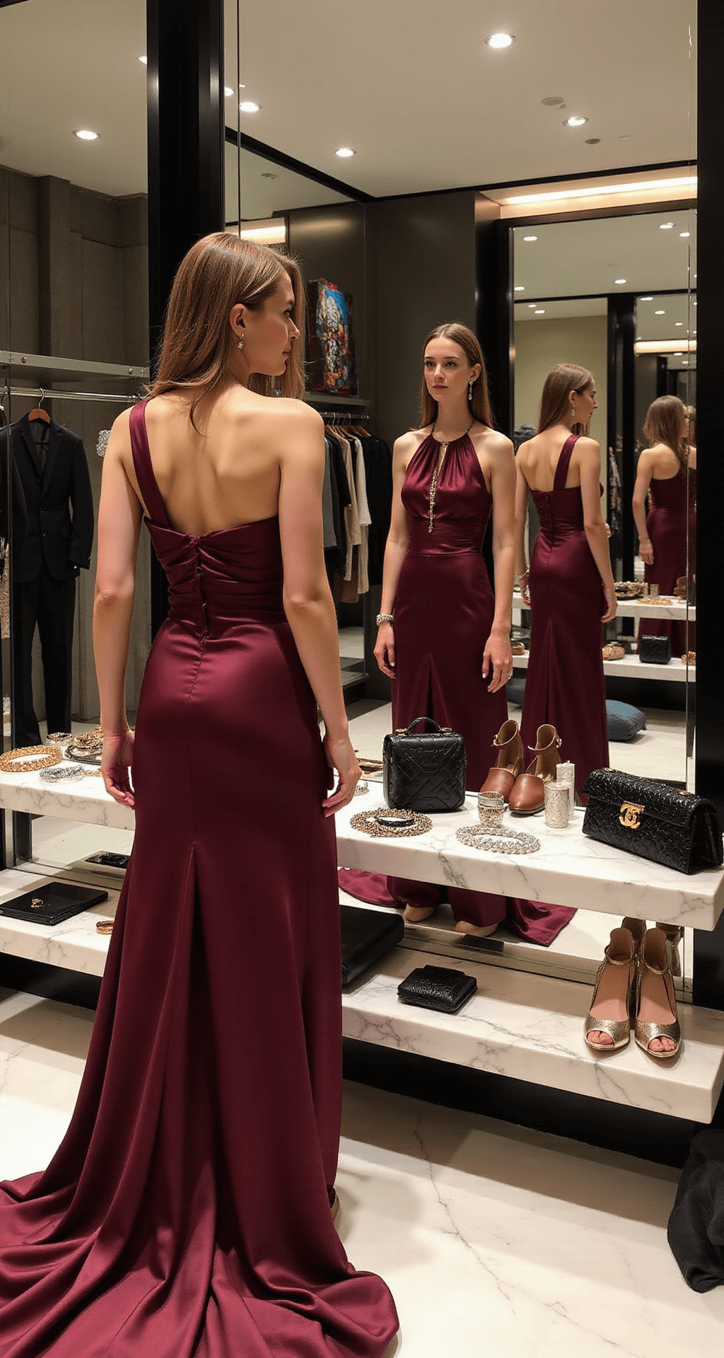 A woman in a deep burgundy satin gown examines her reflection in strategically placed mirrors, surrounded by a luxurious dressing suite filled with organized designer wardrobe displays and elegant accessories on marble surfaces, all illuminated by soft, diffused studio lighting.