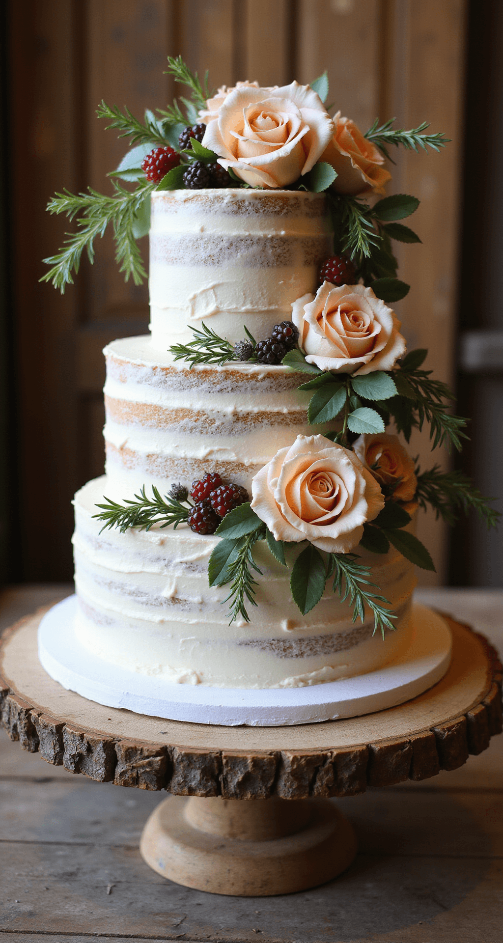 A three-tiered rustic wedding cake on a vintage wooden stand, featuring semi-naked layers with buttercream, adorned with fresh roses, wild berries, rosemary, and gold leaf accents, illuminated by golden-hour lighting.