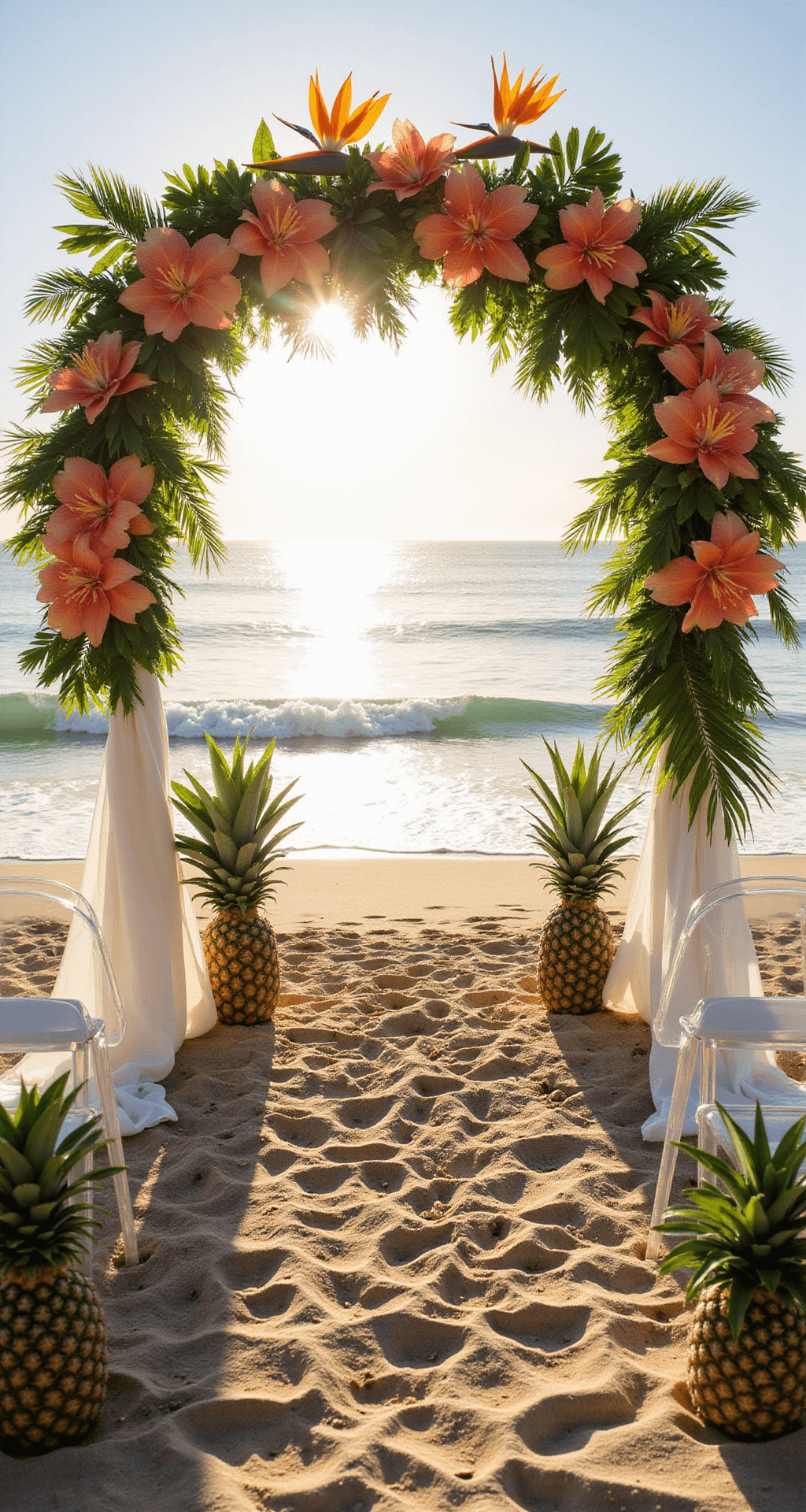A scenic beachfront wedding ceremony setup at golden hour, featuring a vibrant floral arch of birds of paradise and orchids, white ghost chairs along a sand aisle, and decorations of pineapples and palm leaves, all framed by crystal-clear ocean waves and fluttering sheer white fabric.