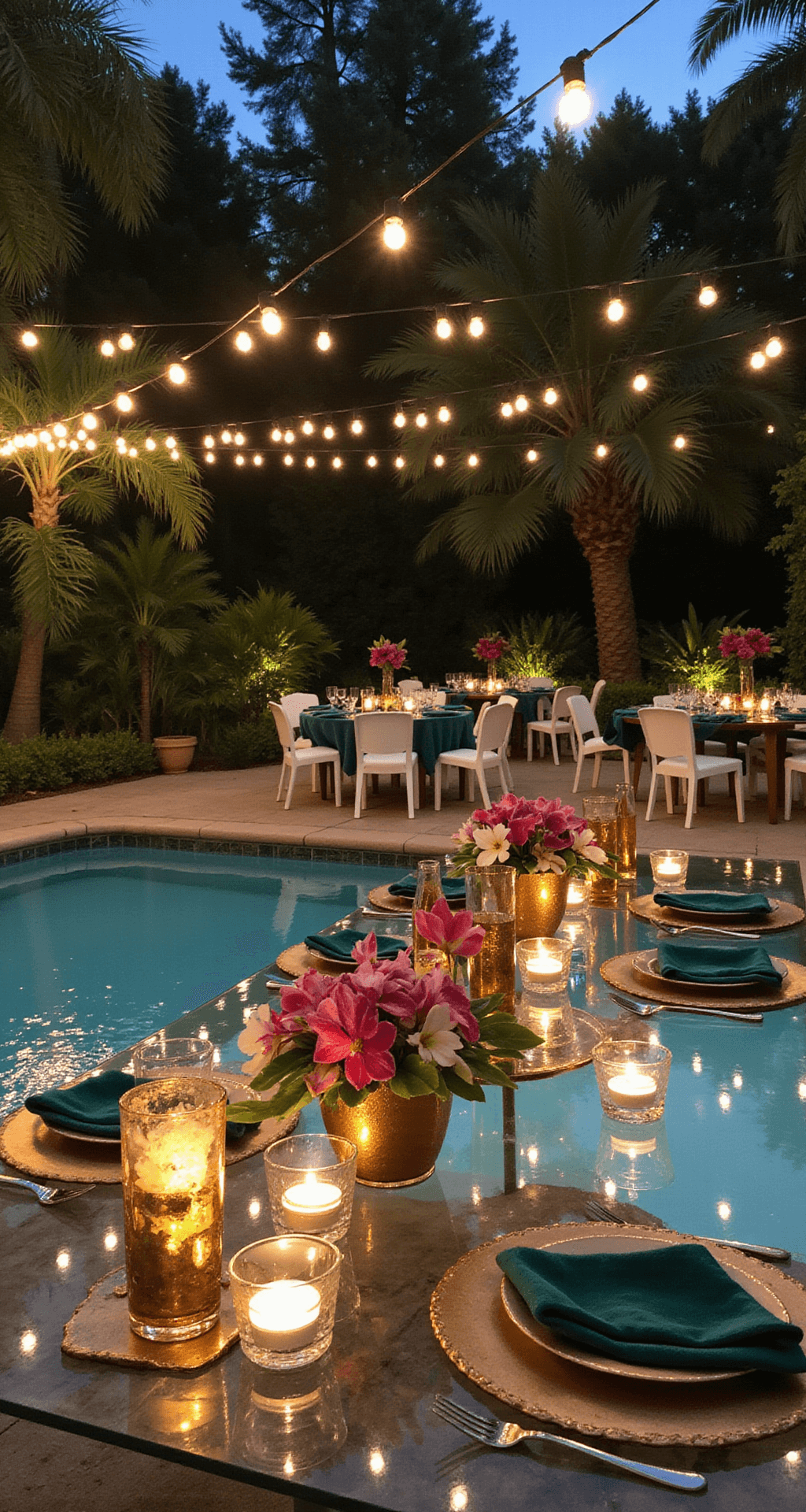 An elevated view of a dusk poolside reception featuring modern acrylic tables with tropical floral centerpieces in gold vessels, surrounded by glowing pendant lights and illuminated greenery. Gold-rimmed glass chargers and emerald velvet napkins adorn each place setting.