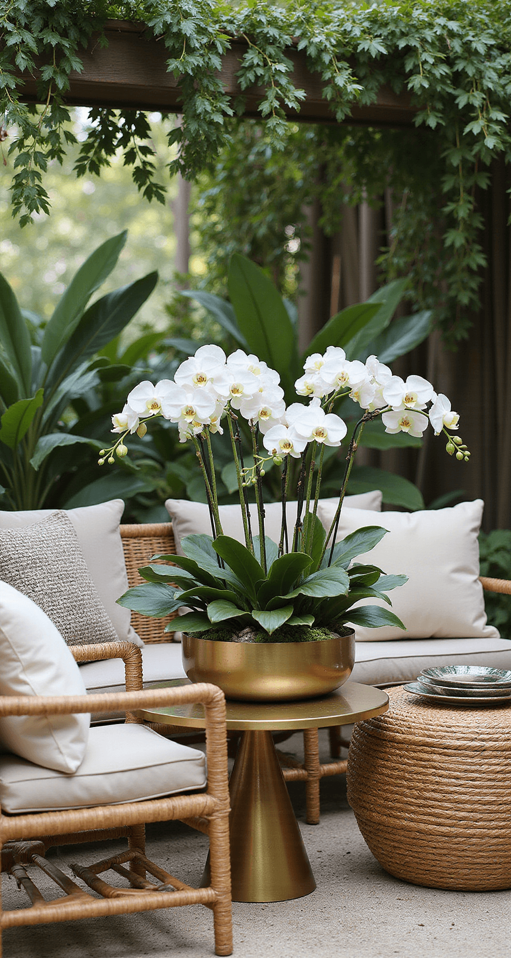 A stylish botanical garden cocktail lounge featuring low-set rattan furniture around a brass cocktail table, adorned with white phalaenopsis orchids, monstera leaves, and ginger flowers in handwoven baskets, complemented by textured ivory pillows and throws, with hanging plants overhead and soft daylight illuminating the scene.