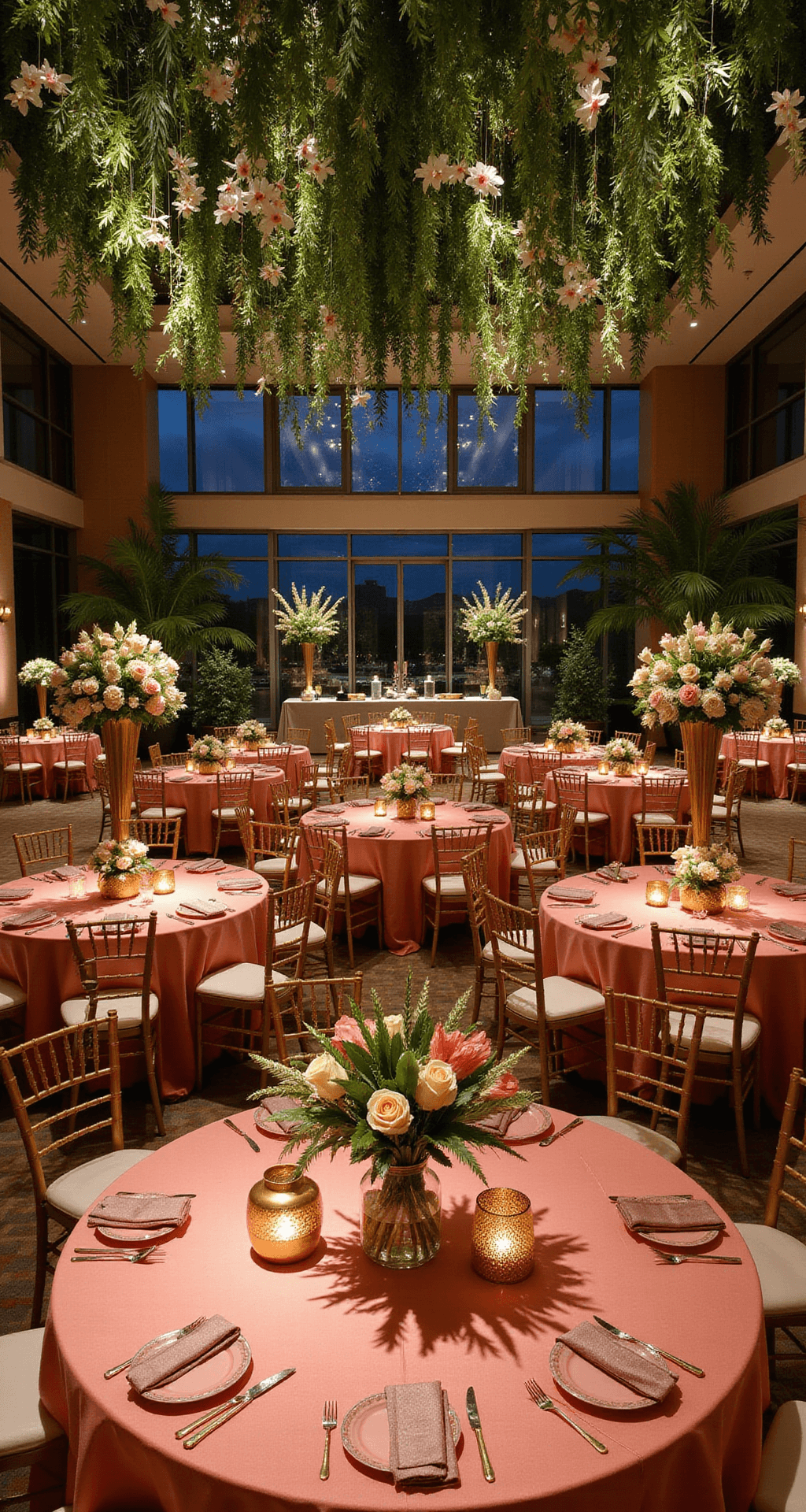 A modern hotel ballroom transformed into a tropical paradise with suspended greenery and mokara orchids overhead, round tables with coral silk linens and tall centerpieces of birds of paradise and protea, gold geometric lanterns casting shadows, and cool evening lighting enhancing the sophisticated ambiance.