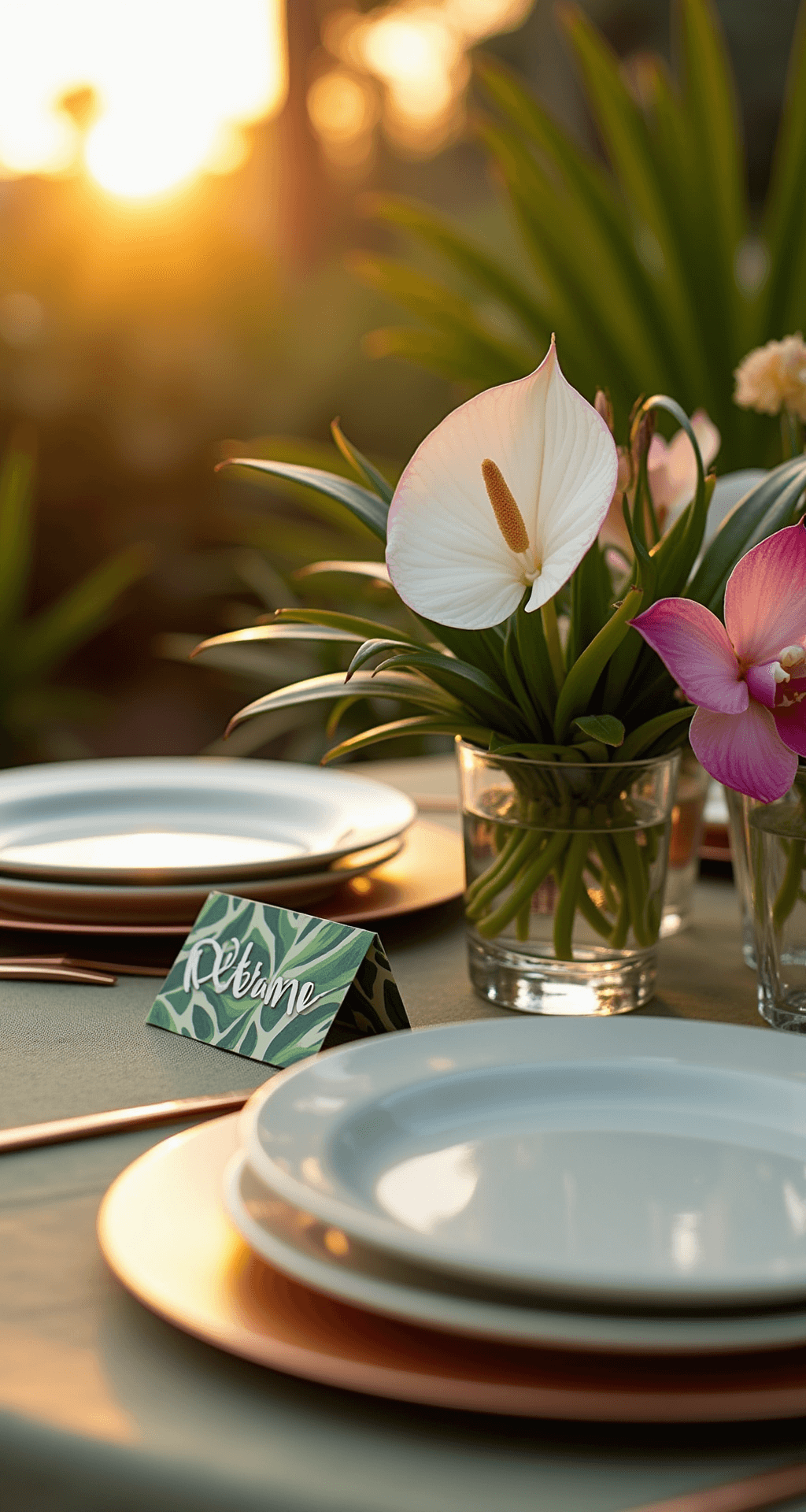 Close-up of a tropical sweetheart table at sunset featuring a white anthurium and pink orchid arrangement in a clear geometric vase on a sage tablecloth, with rose gold place settings and hand-painted tropical leaf place cards, all softly backlit for a dreamy effect.
