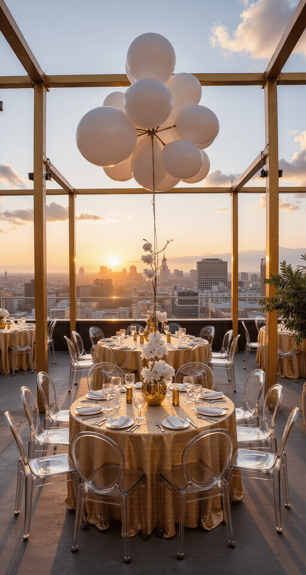 A modern rooftop venue at sunset featuring metallic gold geometric installations, floating oversized white balloons, ghost chairs around sequined gold linen tables, and white orchid centerpieces; a champagne tower gleams under the cityscape backdrop.