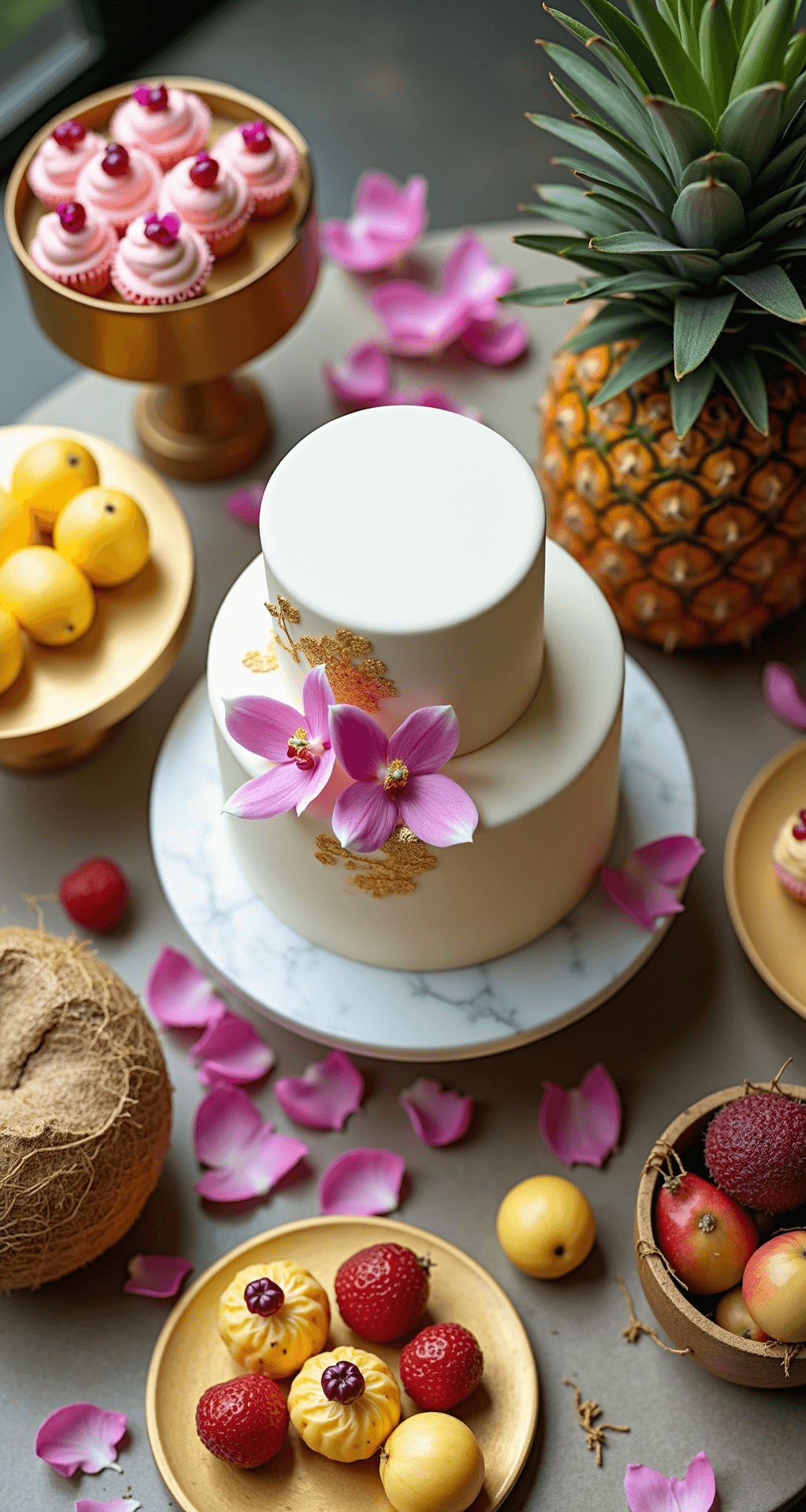Overhead view of a tropical dessert station featuring a three-tiered white wedding cake with orchids and gold monstera leaves, surrounded by colorful petit fours, fruits on gold platforms, fresh pineapples, coconuts, and scattered pink bougainvillea petals, all in bright natural light.
