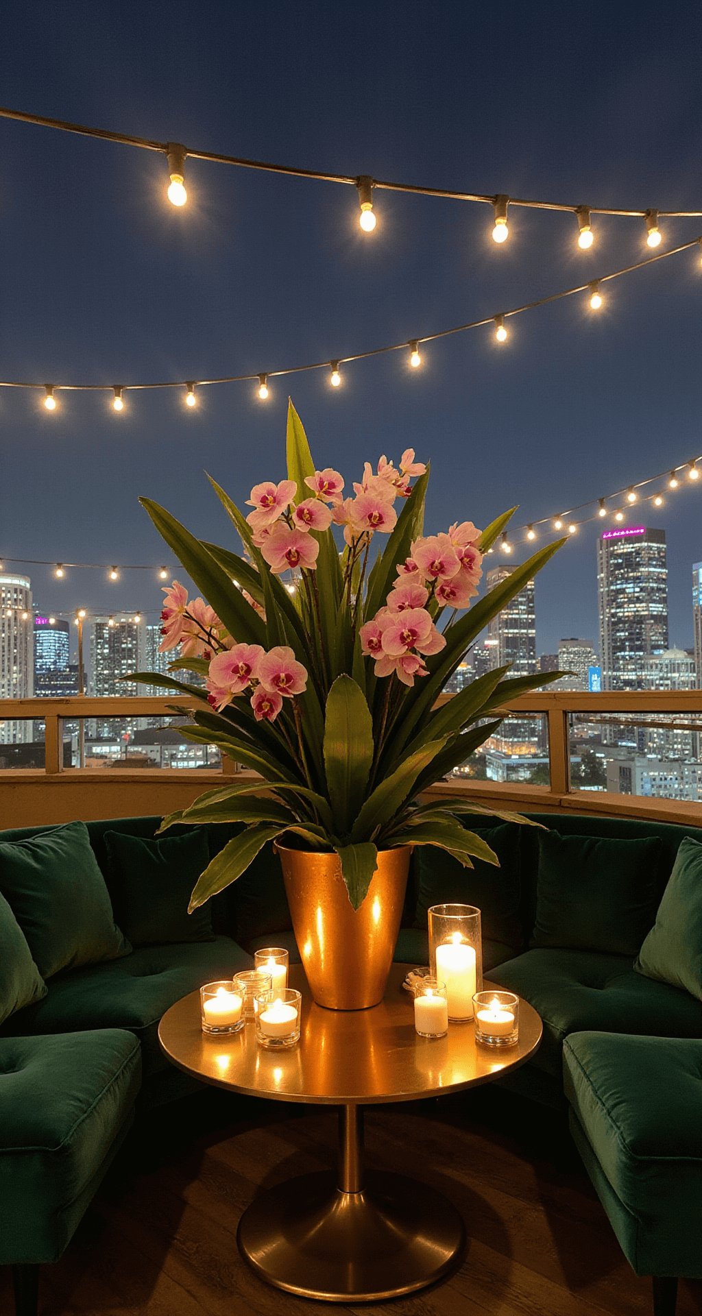 Twilight rooftop lounge with luxe velvet seating in deep emerald, brass side tables adorned with potted orchids and votives, overhead string lights, and a large tropical arrangement in a copper vessel, all set against a backdrop of city lights, captured with long exposure.