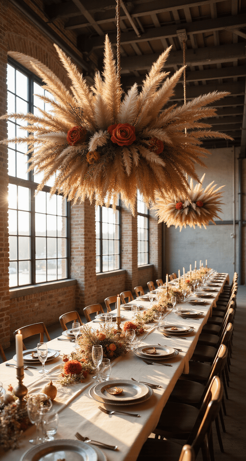 Sun-drenched industrial loft with brick walls and exposed beams, featuring a dried flower cloud installation, sunlight streaming through factory windows, and intimate farmhouse tables with rustic place settings during golden hour.