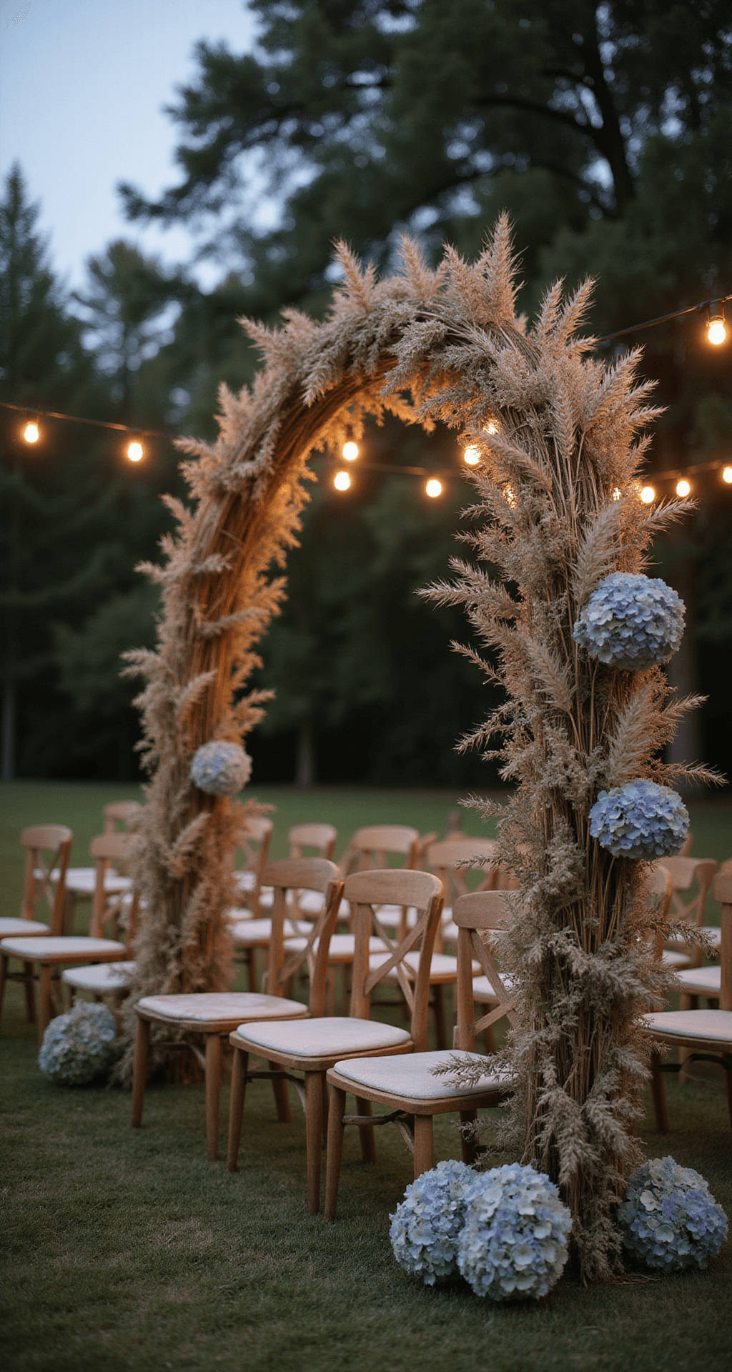 Intimate outdoor garden ceremony at dusk featuring a crescent-shaped dried flower arch of lunaria, wheat stalks, and dried hydrangeas in silvery sage and lavender hues, with bistro lights overhead illuminating vintage wooden chairs arranged in a semicircle, framed by mature trees in a softly blurred background.