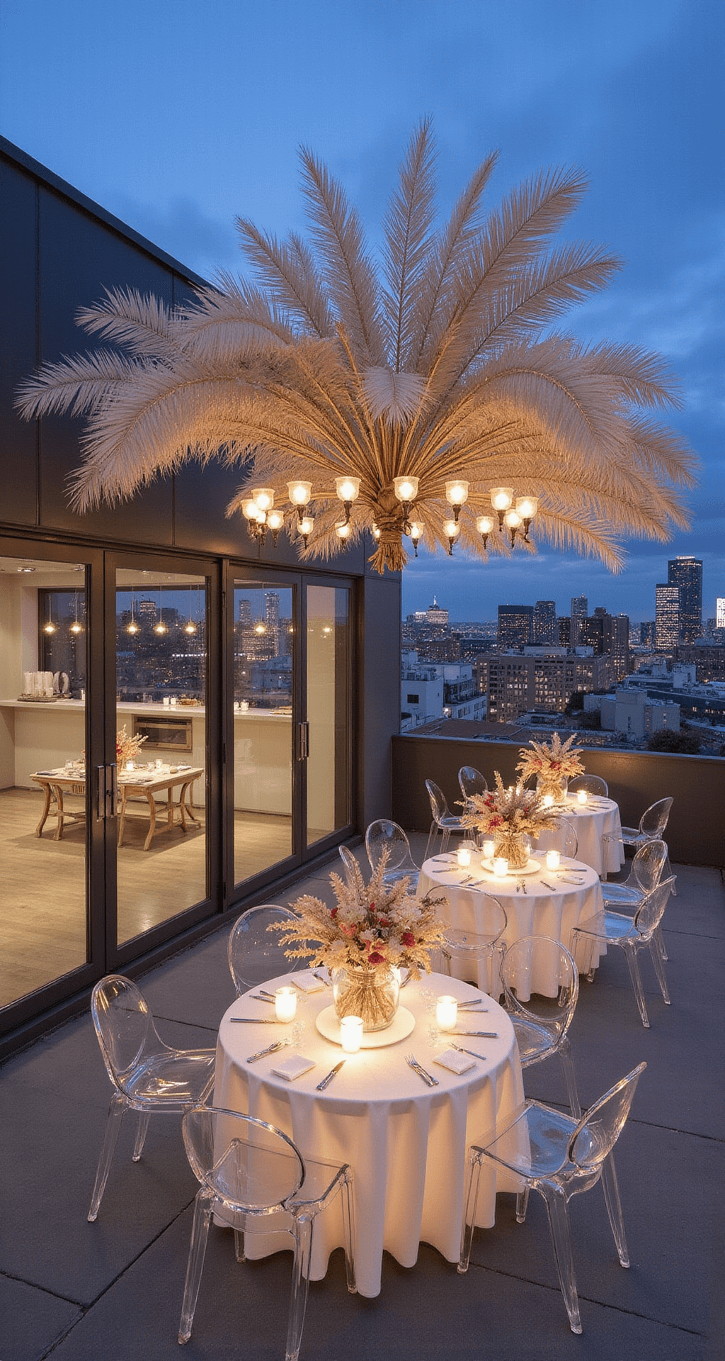 Modern minimalist rooftop with a dramatic dried palm installation in bleached whites and natural tones, featuring floor-to-ceiling windows reflecting a cityscape at blue hour, pendant lights illuminating ghost chairs and lucite tables with architectural dried flower centerpieces, captured from an overhead drone shot showcasing geometric patterns and clean lines.