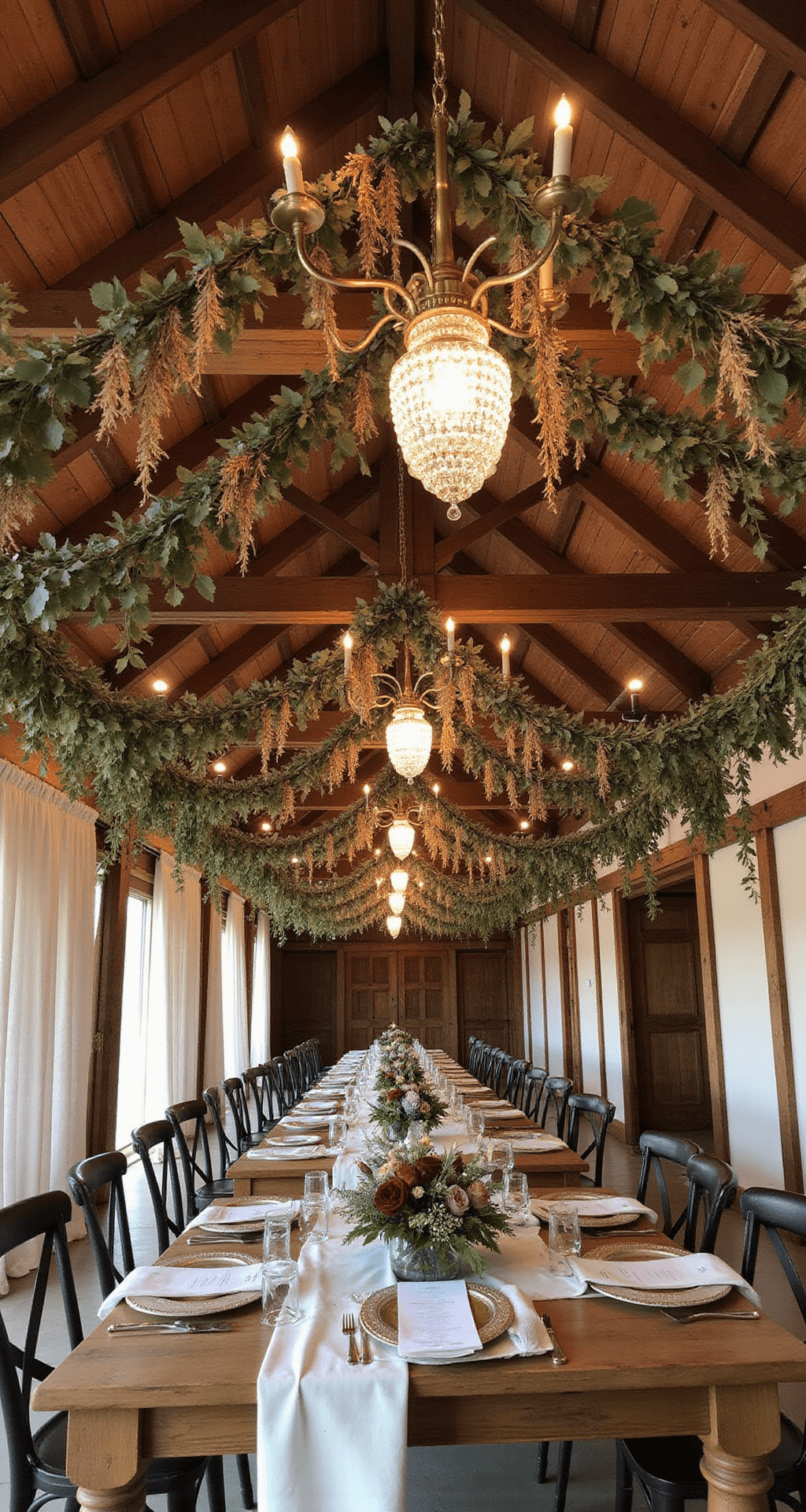 Cozy barn interior featuring rustic wooden beams adorned with dried flower garlands in warm honey and burgundy tones, vintage crystal chandeliers illuminating farm tables with linen runners and brass candlesticks, captured from a low angle to highlight the ceiling height and decorative details.
