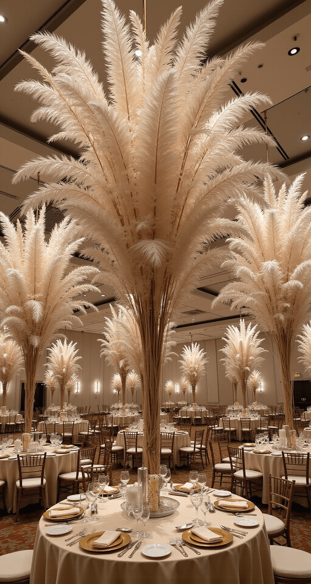 A luxurious hotel ballroom adorned with towering dried flower arrangements of bleached peacock feathers, pampas grass, and preserved magnolia leaves in champagne and ivory tones, illuminated by crystal chandeliers. Round tables dressed in champagne silk with gold-rimmed place settings showcase the grandeur of the event.