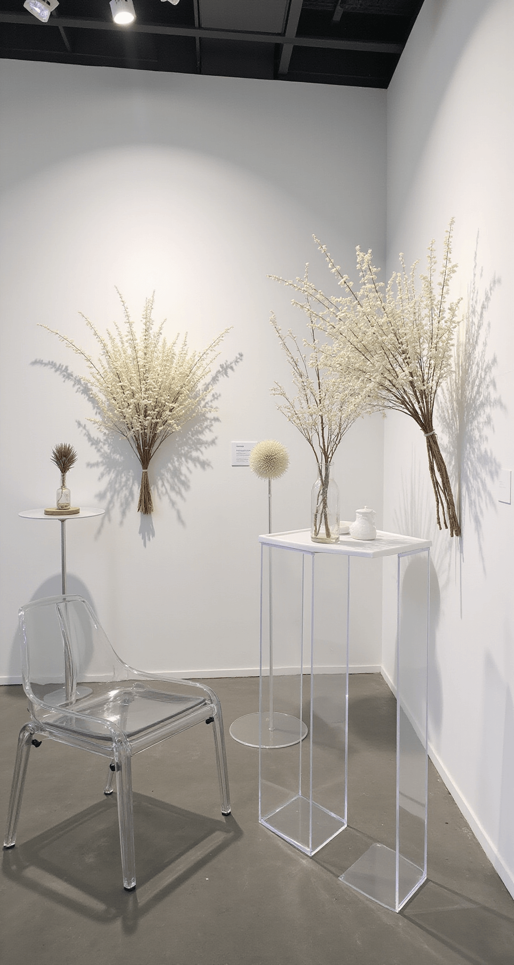 A contemporary art gallery featuring minimalist dried flower installations in whites and creams, including preserved baby's breath clouds and bleached ferns, arranged in geometric patterns. Modern ghost chairs and lucite podiums enhance the clean aesthetic, with dramatic side lighting casting shadows.