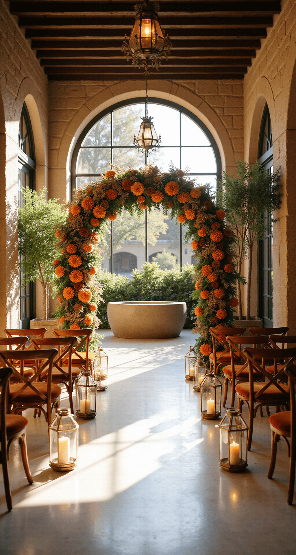 A romantic indoor courtyard wedding ceremony featuring soaring stone archways adorned with terracotta-hued dahlias and pampas grass, vintage brass lanterns lining the aisle with flickering candles, and cross-back wooden chairs with rust-colored velvet cushions, all bathed in warm natural light from floor-to-ceiling windows, with dramatic floral installations framing the altar.