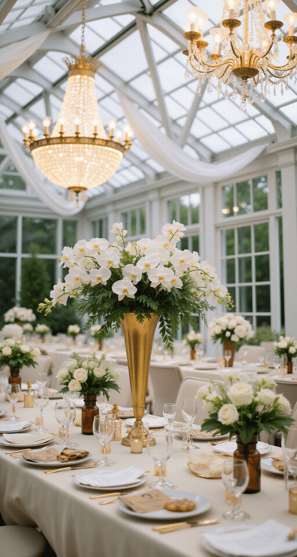 An elegantly lit conservatory with chandeliers draped in fabric, tables with golden vases of white orchids and gold monstera leaves, and framed vintage love letters.