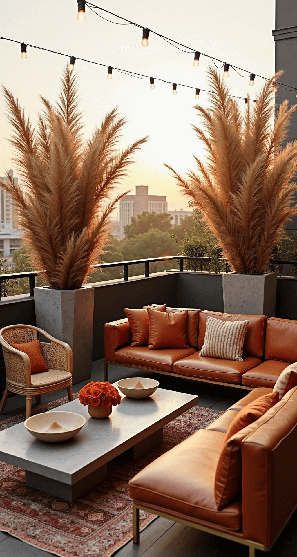 Modern rooftop cocktail hour setup at sunset with cognac leather sofas, woven rattan chairs, brass-trimmed coffee tables, and dramatic floral arrangements in concrete planters; terracotta throw pillows and Moroccan rugs add texture under market lights casting a warm glow, all framed by city views in the golden light.