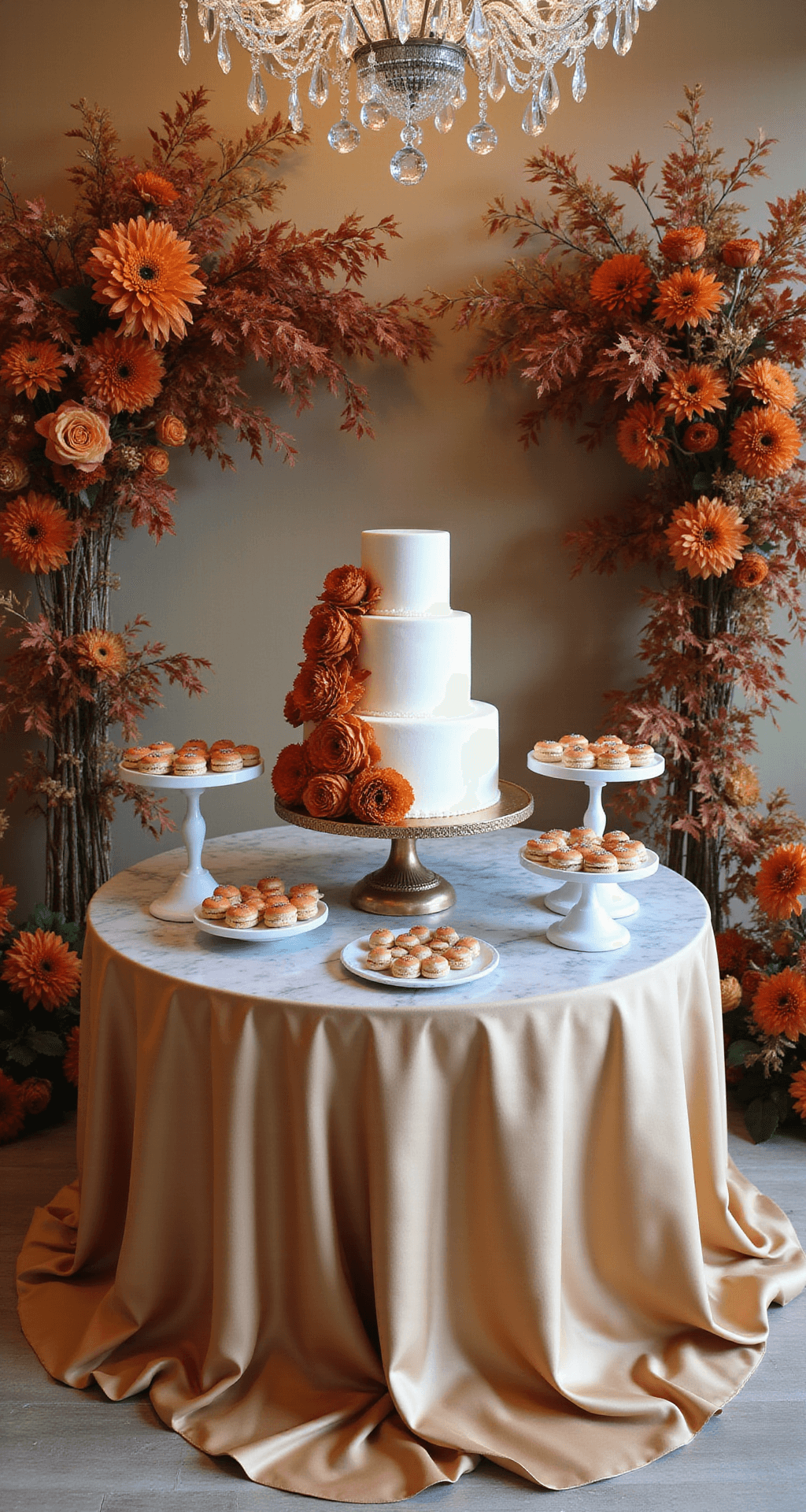 Luxe indoor ballroom dessert display featuring a round marble-topped table draped in champagne silk, a three-tier white wedding cake adorned with terracotta-colored sugar flowers, and surrounding pedestals with petit fours and macarons in sunset hues, framed by lush floral arrangements of rust-colored dahlias, toffee roses, and copper-painted eucalyptus, all illuminated by crystal chandeliers.