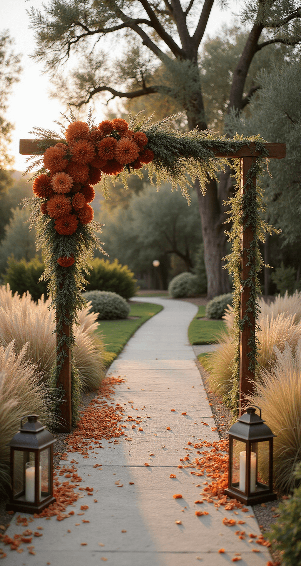 Asymmetrical floral arch at sunset made of terracotta dahlias, rust-colored ranunculus, and pampas grass, with a vintage-inspired aisle lined with copper lanterns and ombré petals, framed by mature olive trees in golden light.