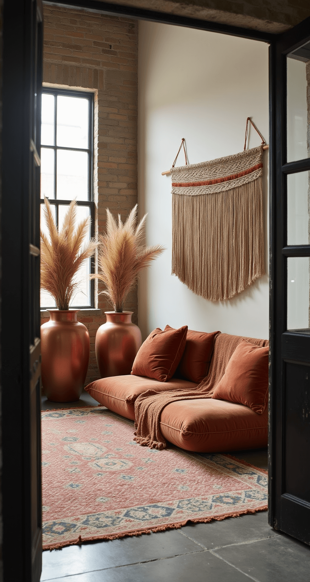 A cozy boho lounge in a converted industrial loft featuring low-profile rust velvet seating with terracotta throws, oversized copper vessels with dried palm arrangements, and layered vintage Moroccan rugs on concrete flooring, all illuminated by natural light through factory windows and framed by a doorway.