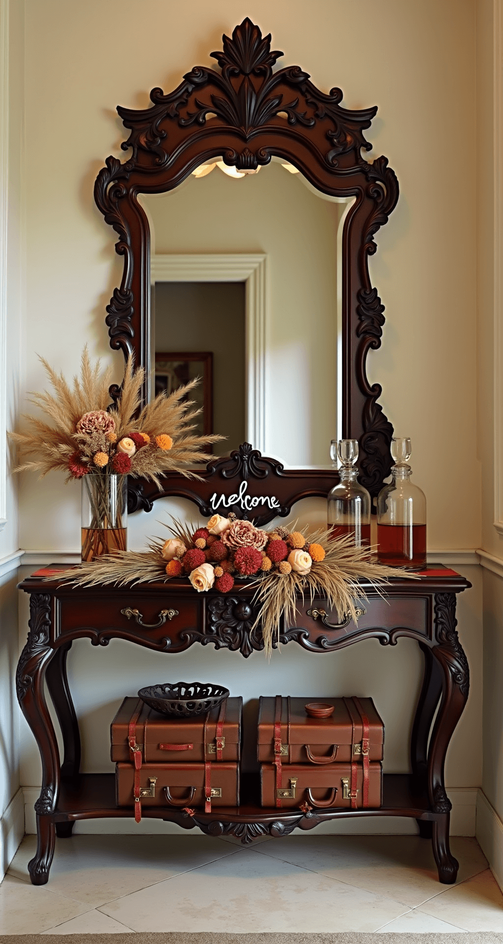Antique console table in a mansion foyer adorned with a dramatic floral runner, featuring copper-toned roses and rust dahlias, alongside a vintage mirror with a hand-lettered welcome sign. Stacked vintage leather suitcases and crystal decanters with amber spirits complete the elegant display, capturing the grandeur of the entrance.