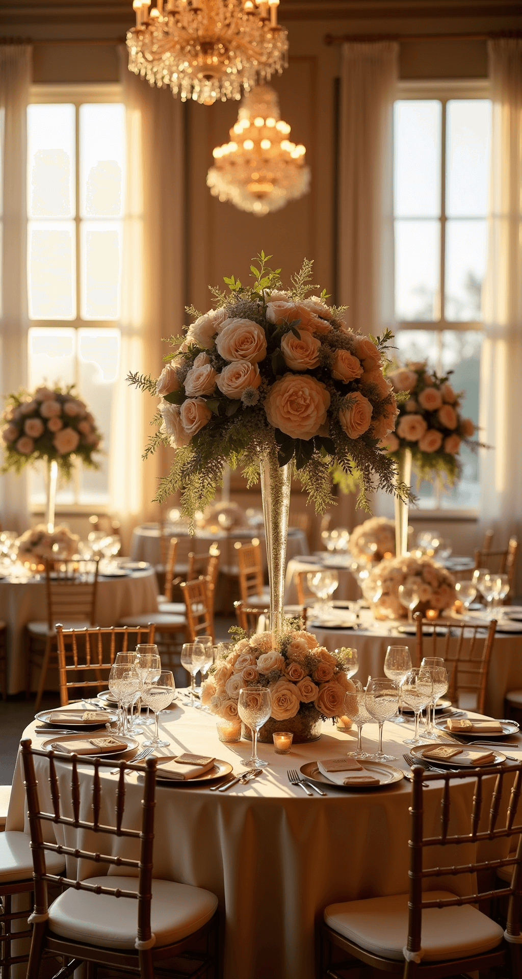 A grand ballroom wedding reception during golden hour, featuring round tables with cascading champagne-toned floral arrangements, crystal chandeliers, and gilt Chiavari chairs, all beautifully illuminated by warm light through large windows.