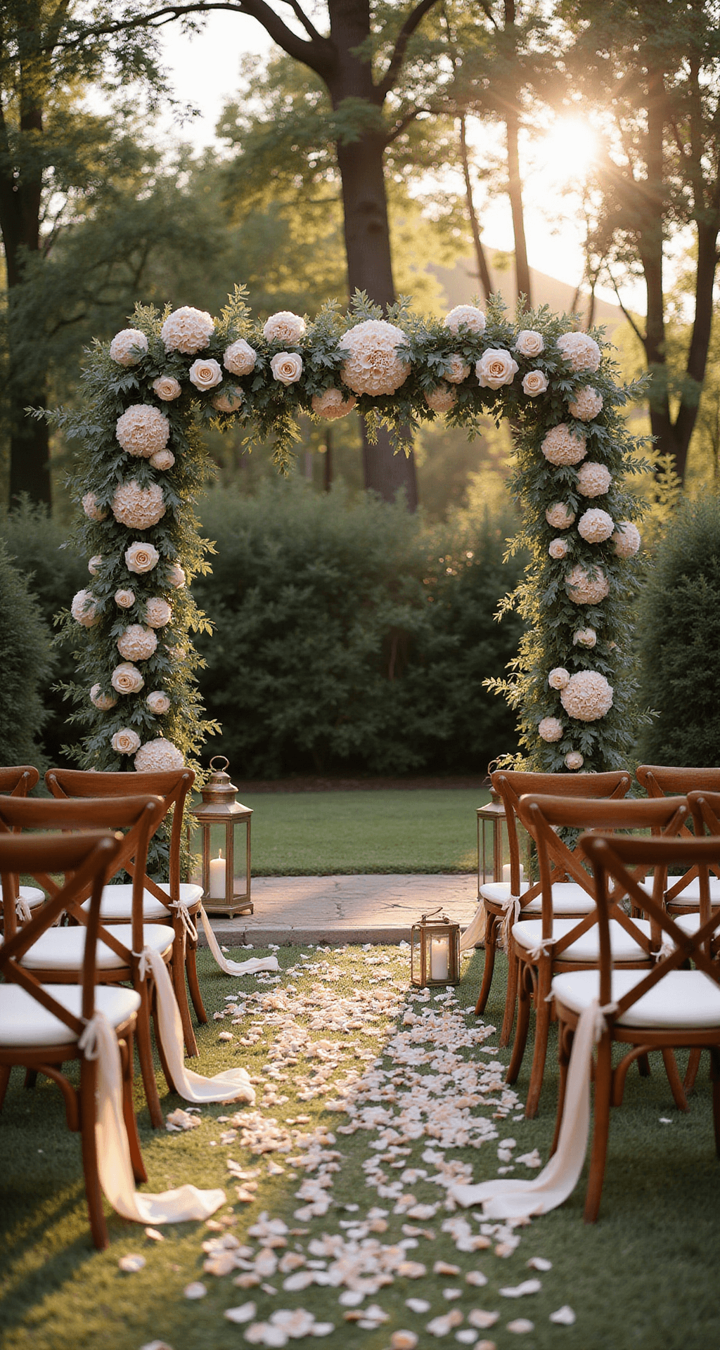 Intimate garden ceremony setup at sunset, featuring wooden cross-back chairs along a rose petal aisle, a floral arch of champagne hydrangeas and garden roses, vintage brass lanterns with candles, and fluttering champagne silk ribbons, all bathed in golden backlight.