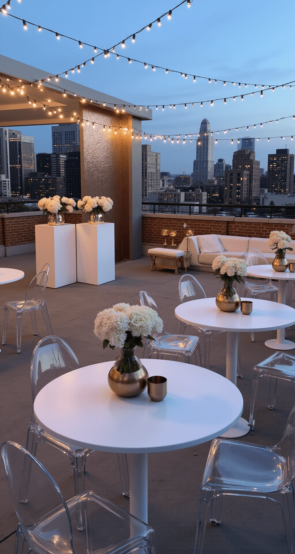 A modern rooftop cocktail reception at twilight with sleek white high-top tables adorned with champagne ranunculus in metallic geometric vessels. A champagne sequin backdrop highlights the city skyline, while acrylic ghost chairs and brass accent furniture add contemporary elegance. The low-angle shot captures the ambient lighting and urban setting.