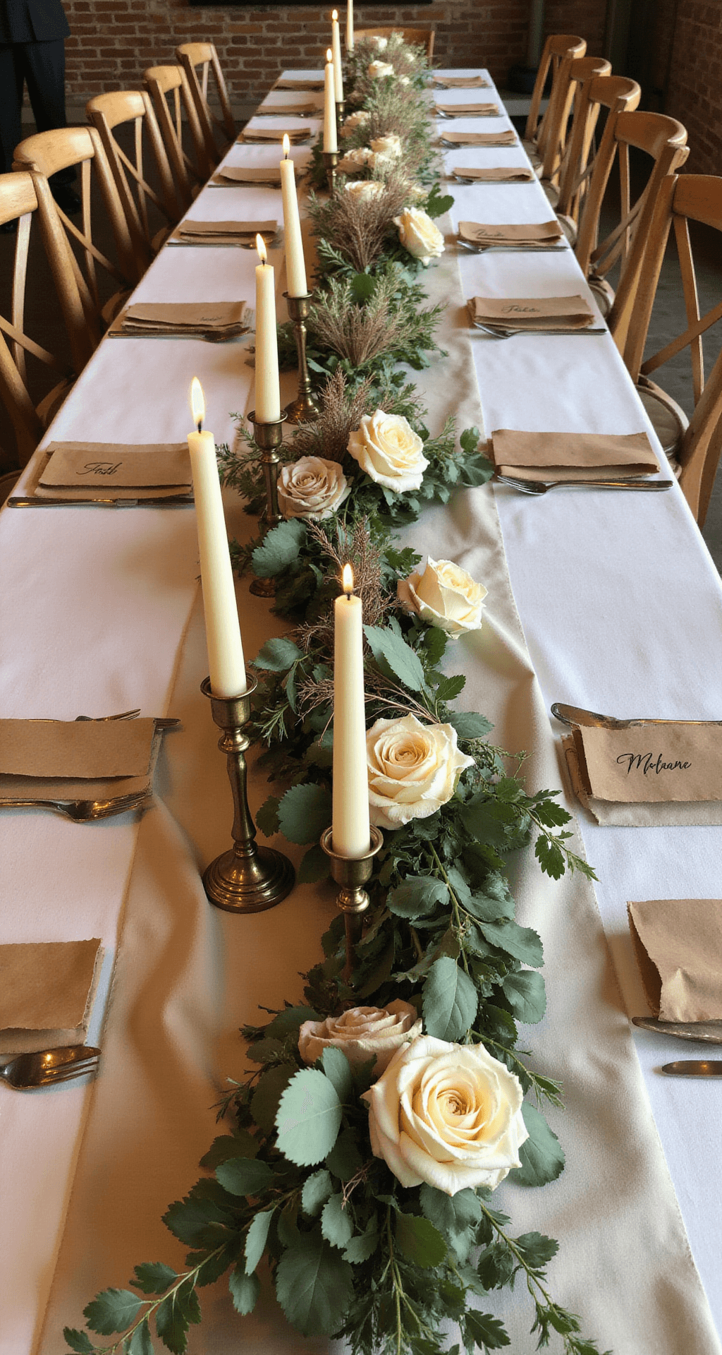 A rustic barn wedding dinner setup featuring long farm tables with champagne runners, lush organic centerpiece garlands of champagne roses and dried elements, vintage brass candlesticks with cream tapers, wooden cross-back chairs, and kraft paper place cards, all captured at table level to emphasize layered textures.
