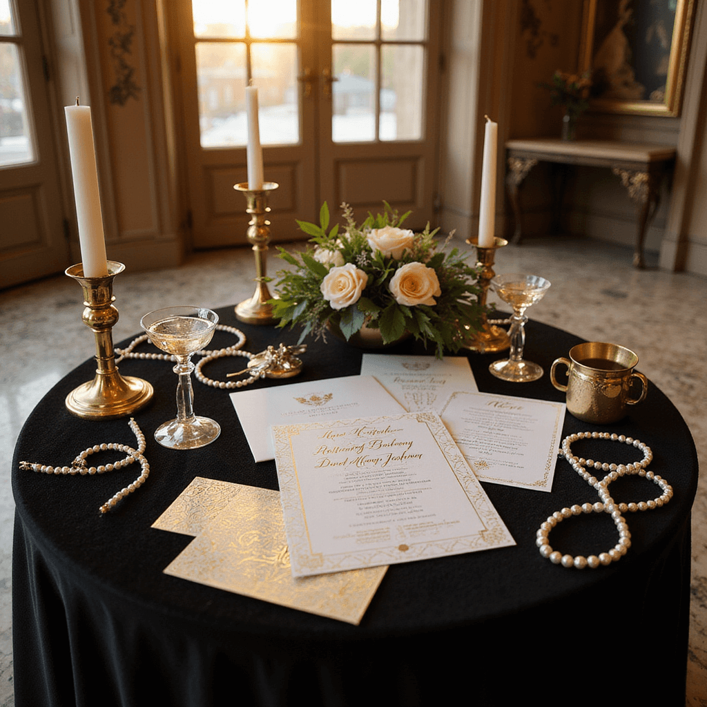 Art Deco wedding invitation suite on black velvet with gold geometric patterns, vintage champagne coupes, pearls, and brass candleholders in a sunlit marble ballroom.