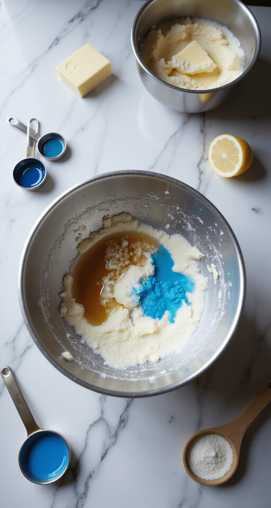 Cinematic overhead view of a marble countertop featuring a stainless steel bowl with creamy butter and sugar being mixed, accented by wisps of vanilla extract and blue gel food coloring, surrounded by professional measuring tools and ingredients.