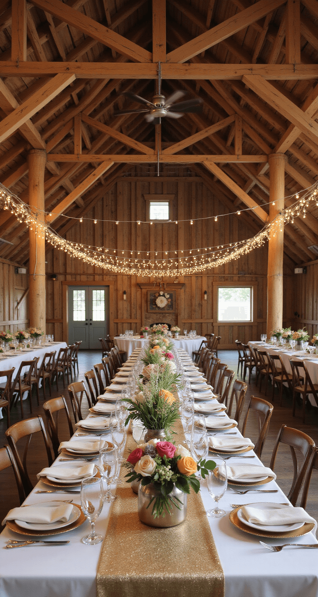 Alt text: A rustic-luxe barn venue with wooden beams adorned with twinkle lights, long farm tables with gold sequined runners and floral arrangements in mercury glass, a timeline wall with 50 years of memories in golden frames, and a dessert station featuring gold-dusted macarons and chocolate truffles.