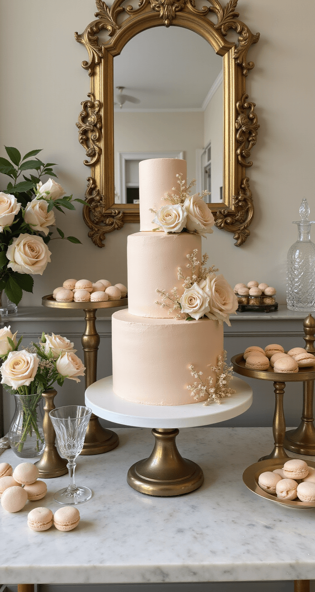 A luxurious dessert display featuring a tiered champagne-colored cake adorned with sugar flowers, surrounded by vintage brass stands with macarons and petit fours, accented by fresh champagne garden roses and ranunculus, with crystal decanters and champagne coupes in the background, photographed straight-on with a shallow depth of field highlighting the cake details.
