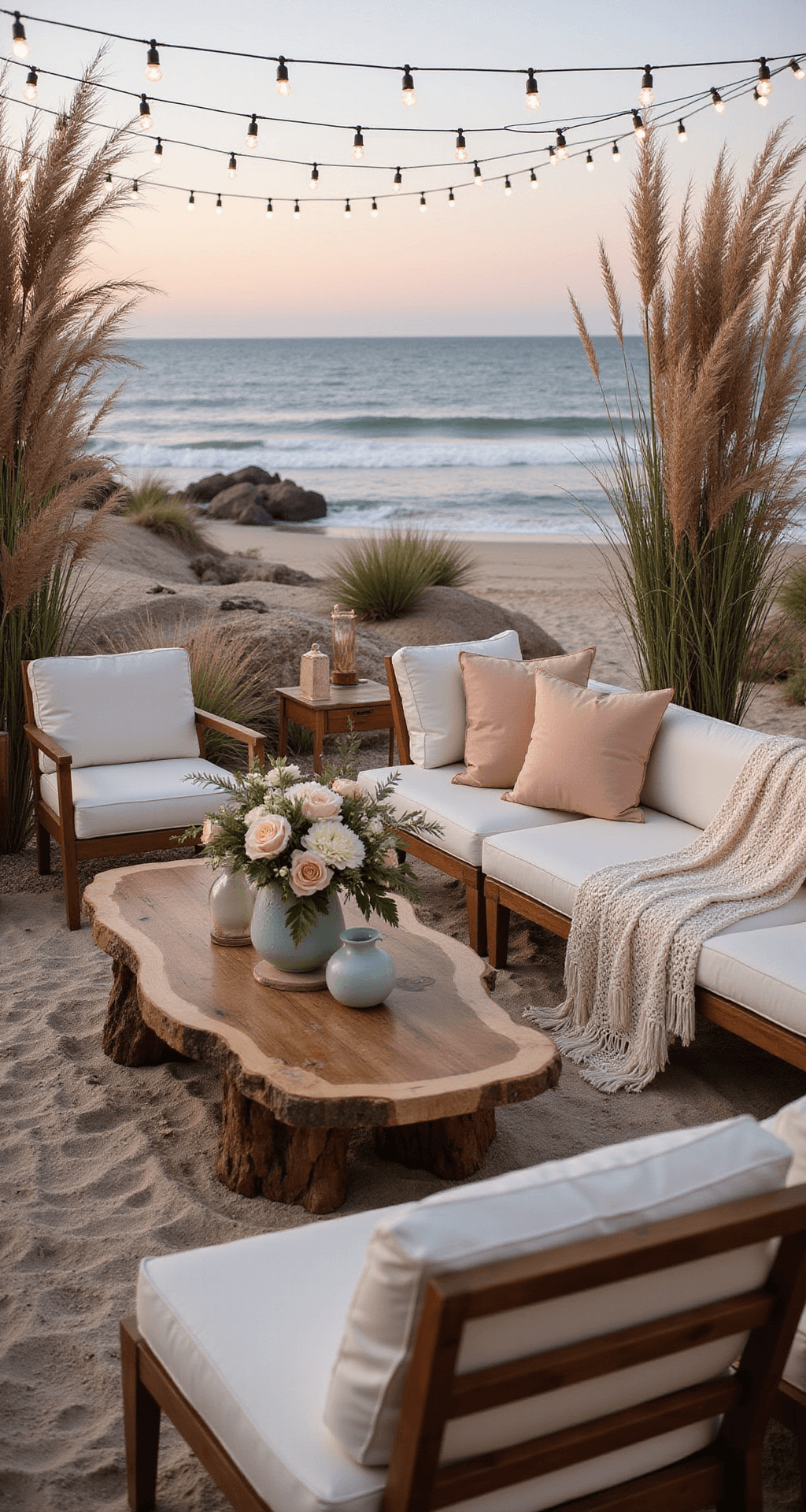 Beachfront welcome party at dusk with low lounge furniture, driftwood coffee tables adorned with floral arrangements in sea glass vessels, and cozy textiles. Market lights overhead create a warm ambiance, framed by natural grass arrangements and an ocean view.