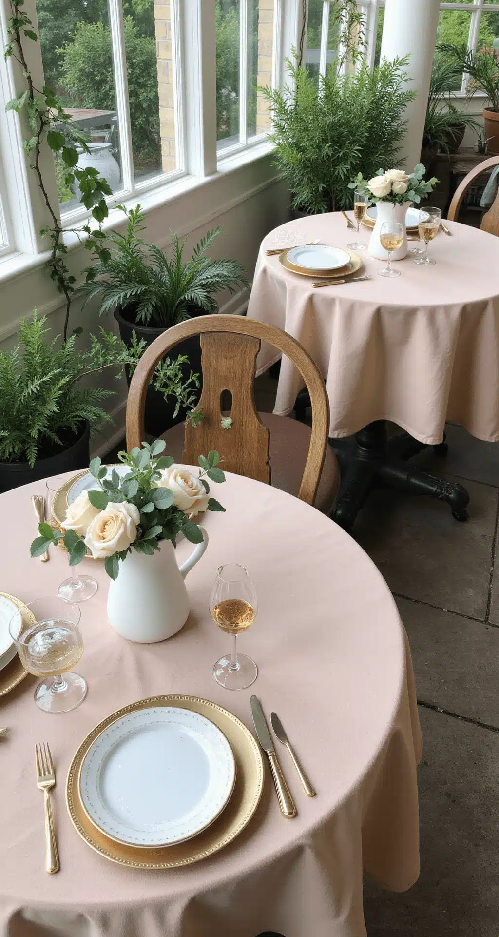 A bright conservatory set for a morning-after brunch, featuring round bistro tables with champagne linens, delicate centerpieces of garden roses and eucalyptus in milk glass vessels, gold-rimmed china, vintage champagne coupes, and trailing ivy with potted ferns. The overhead view captures the place settings and the interplay of natural light.