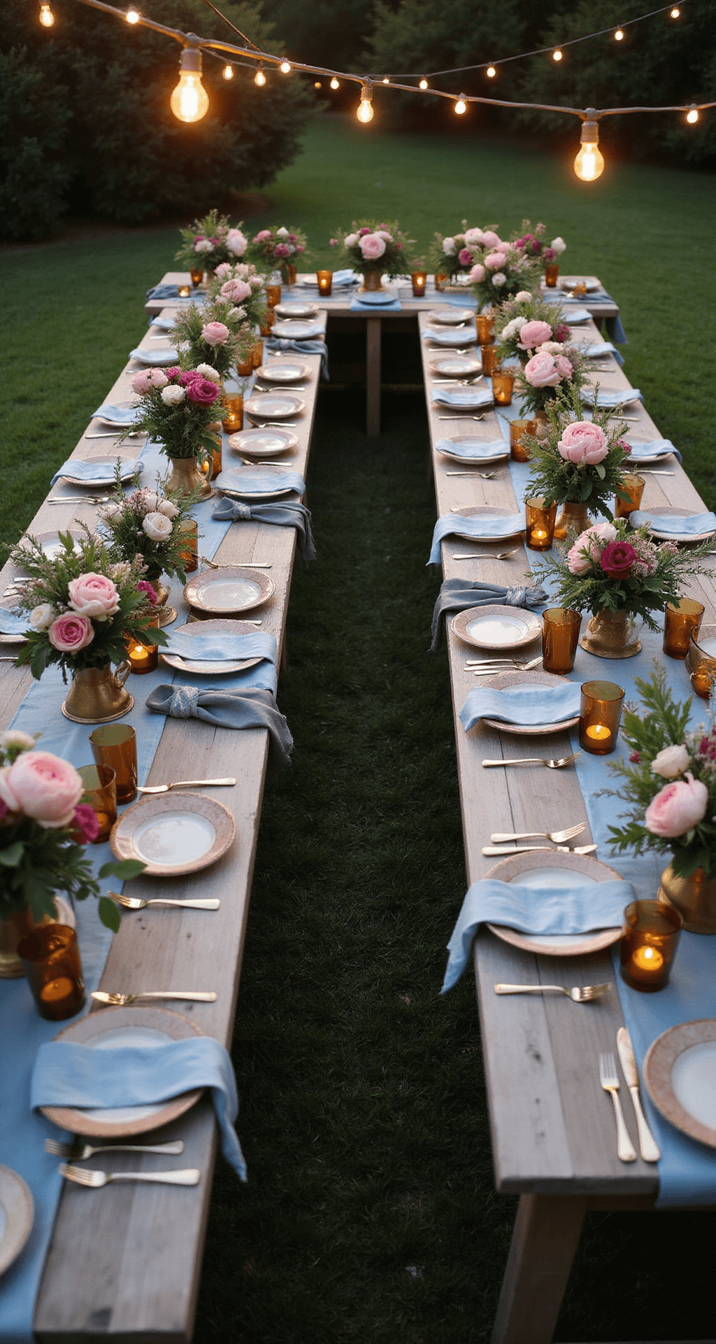 An intimate garden wedding reception at dusk, featuring long farm tables arranged in a U-shape with organic floral centerpieces in vintage brass vessels, cafe lights overhead, dusty blue table runners, hand-thrown ceramic plates, gold flatware, hand-dyed silk napkins, and scattered beeswax candles in amber glass votives, all bathed in warm, golden light.