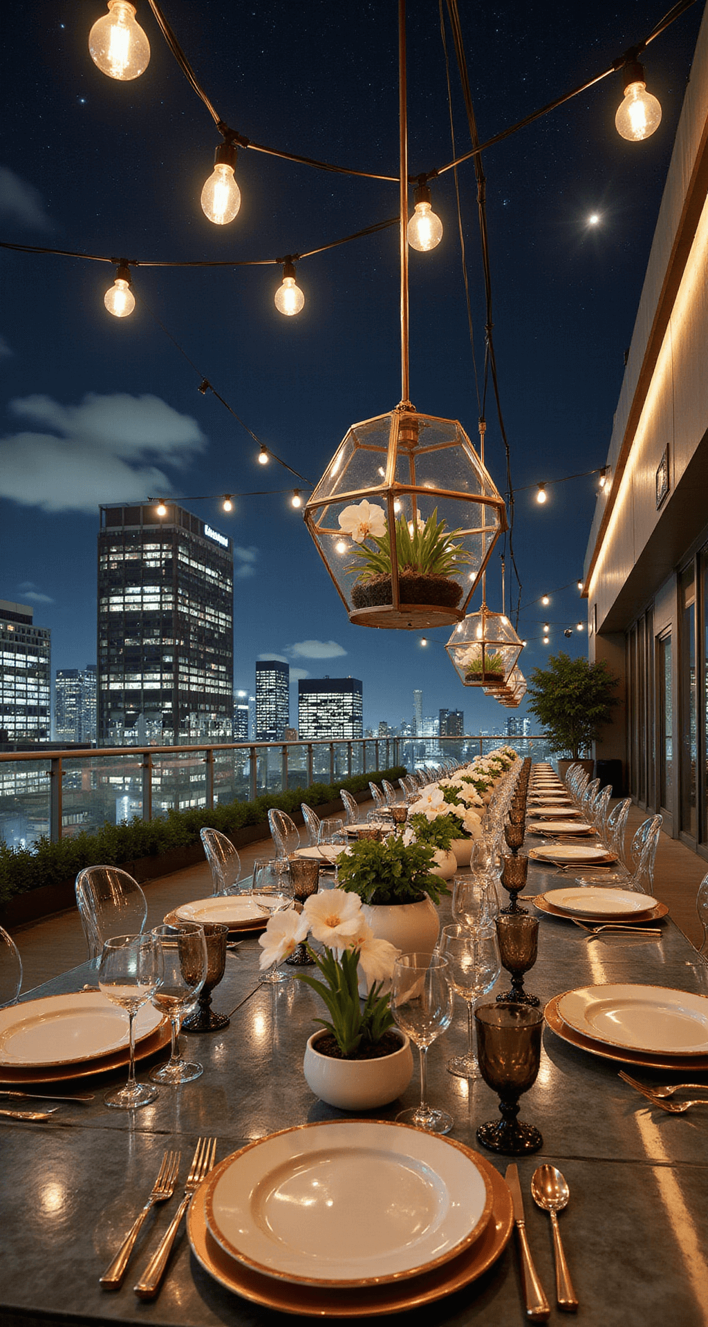 A cinematic wide shot of a modern rooftop venue at twilight, featuring Lucite ghost chairs around clear-topped tables adorned with suspended geometric terrariums filled with air plants and white orchids, metallic copper chargers, rose gold cutlery, and smoke-grey glassware. LED strip lighting highlights the urban skyline, while Edison bulbs create a starry canopy above. Minimalist white ceramic vessels display architectural arrangements of calla lilies and monstera leaves.