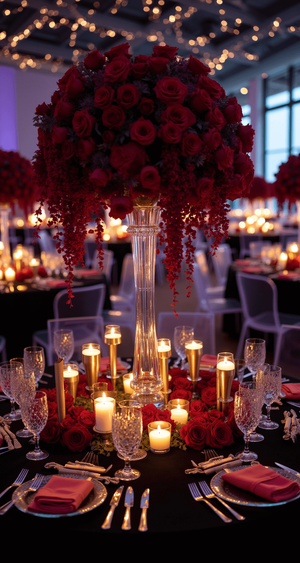 A luxurious indoor celebration featuring round tables with black velvet linens, tall crystal candelabras adorned with dark red roses and amaranthus, and mercury glass votives. The scene is set with modern ghost chairs, deep purple uplighting, and pin lights above, all captured in dramatic evening light.