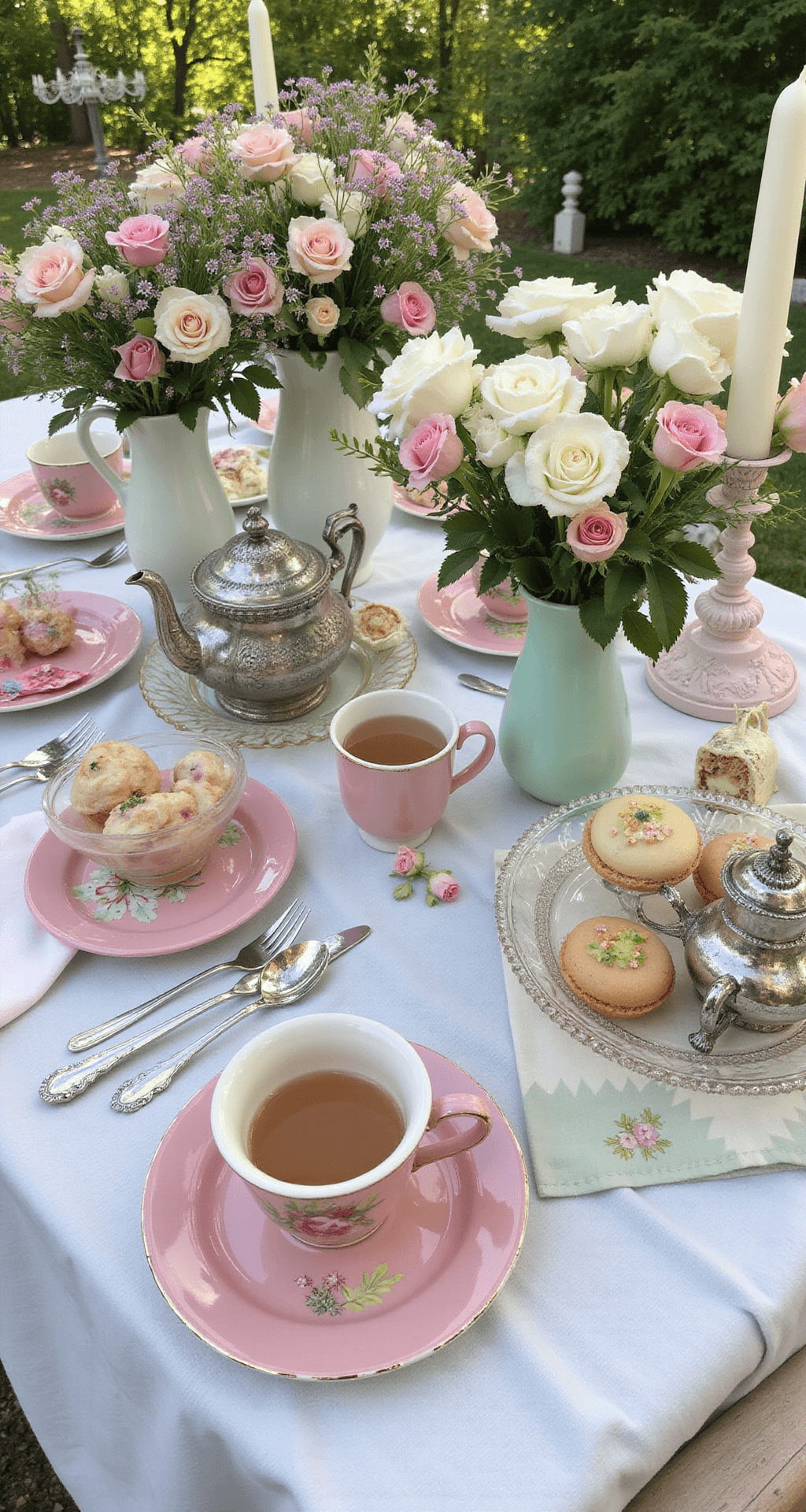 A whimsical garden brunch scene featuring vintage tea tables adorned with milk glass vases of pastel roses and sweet peas, mismatched china in pink and mint, crystal stands with macarons, and antique silver teapots filled with flowers, all captured from above in bright morning light.
