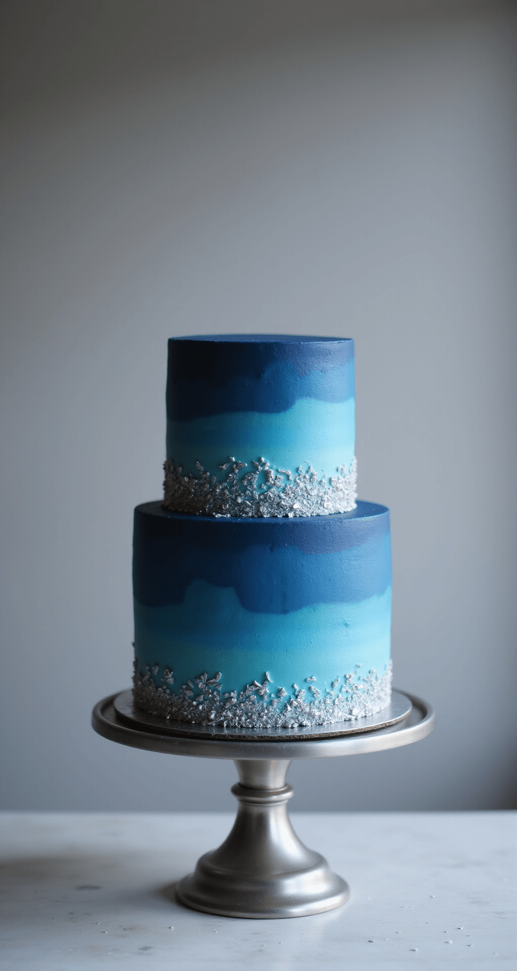 Dramatic close-up of a two-tiered blue celebration cake with ombré frosting, silver leaf accents, and pearlescent sprinkles on a silver stand.