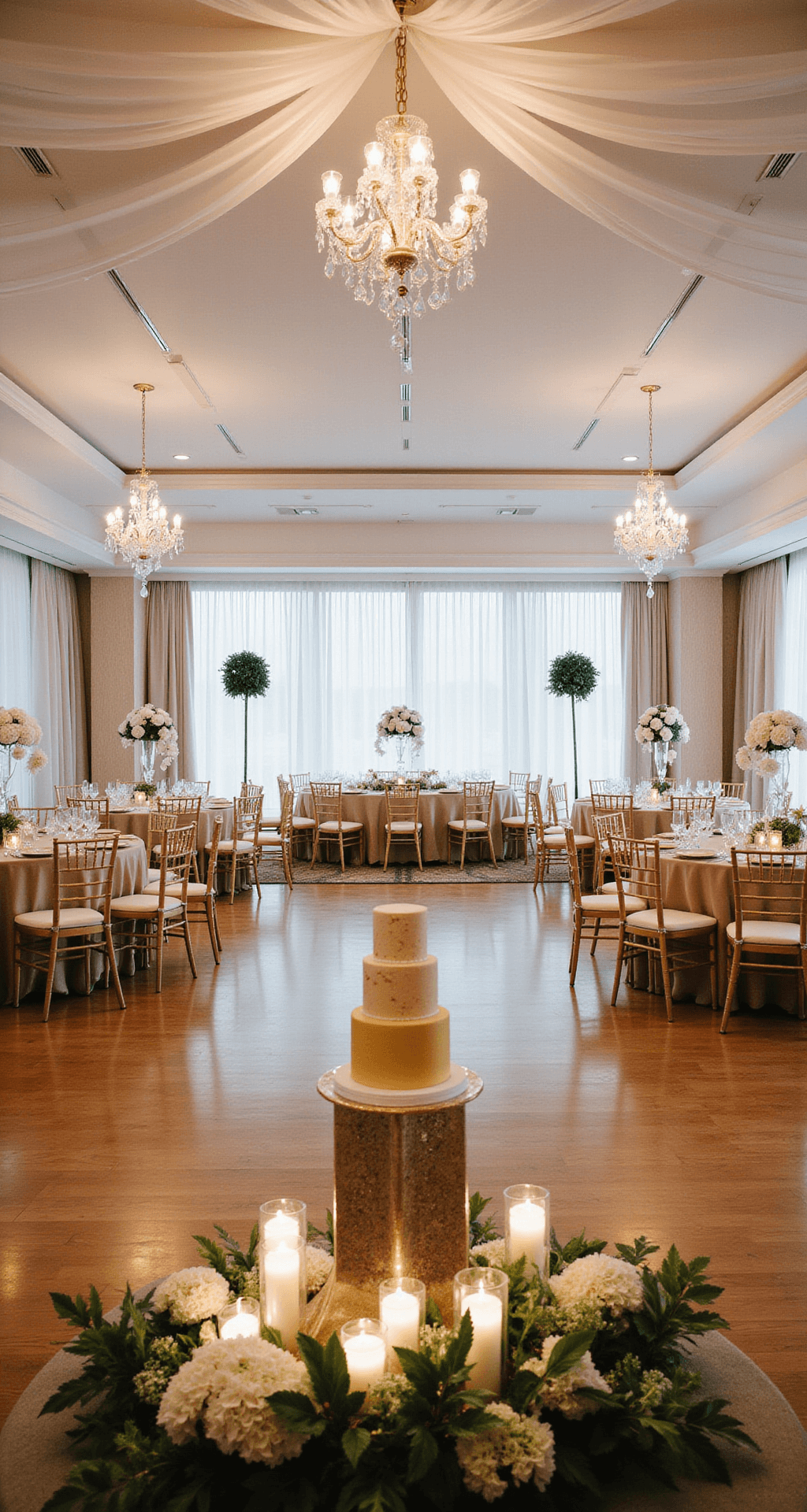 A luxurious hotel ballroom with white draping, champagne linens, gold chiavari chairs, crystal candelabras, white hydrangeas, gold leaves, and a golden anniversary cake on display.