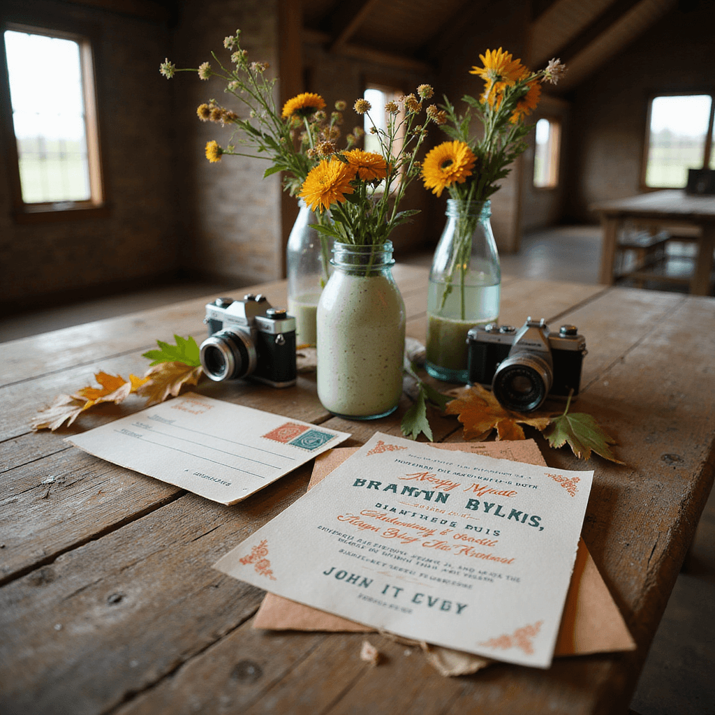 A sunlit barn wedding setup featuring a weathered wooden farm table with vintage invitations in sage and terracotta, antique milk bottles with wildflowers, vintage cameras, and autumn leaves, under warm natural light.