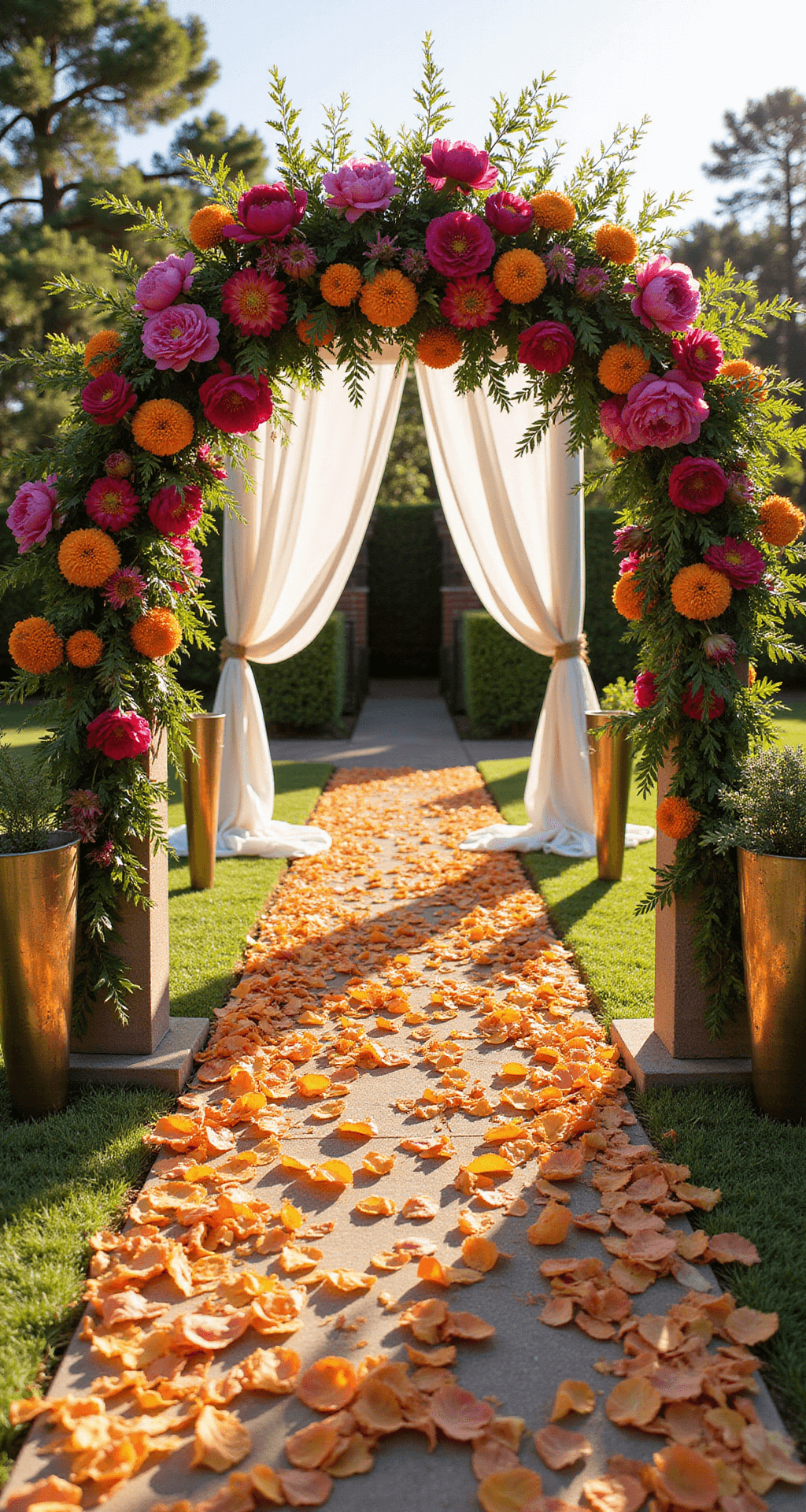 A sunlit garden ceremony setup featuring a vibrant floral arch with fuchsia peonies, tangerine ranunculus, and golden marigolds, flanked by gradient-colored flower petals along the aisle, crystal vases with tropical foliage, and vintage brass and mercury glass accents, all bathed in warm golden hour light.