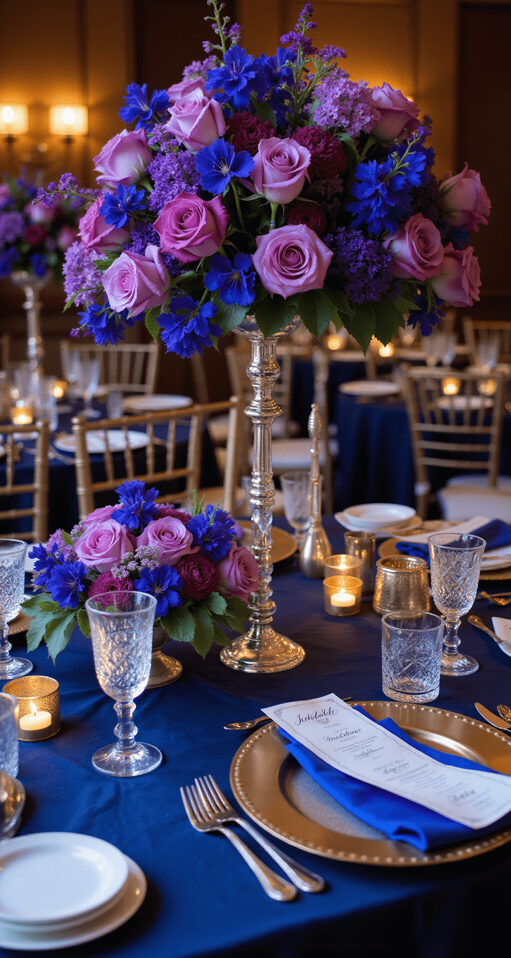 A luxurious tablescape featuring royal purple and cobalt blue florals with garden roses, delphiniums, and orchids, illuminated by crystal candleholders on silk navy linens, complemented by gold-rimmed chargers and modern calligraphy place cards, captured from a 45-degree angle to highlight layered textures.