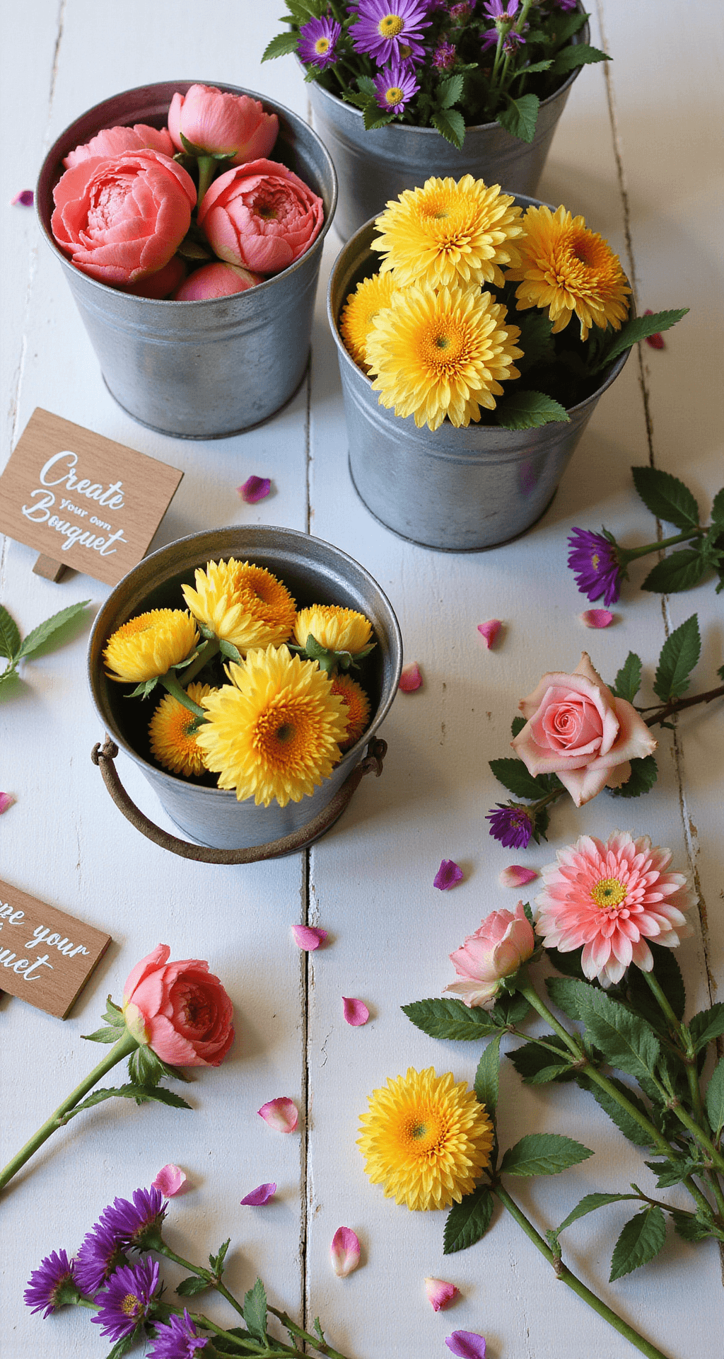 Overhead view of a flower bar station featuring vintage metal buckets filled with colorful seasonal blooms, surrounded by wooden signs guiding guests to create their own bouquets, with scattered petals and greenery on a whitewashed farmhouse table.