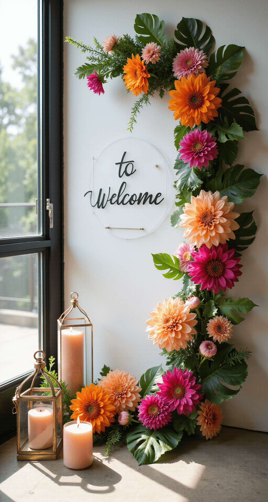 A sunlit corner featuring a modern acrylic welcome sign framed by asymmetrical floral elements, including hot pink dahlias and orange marigolds against tropical monstera leaves, with brass lanterns and blush pillar candles adding warmth at varying heights.