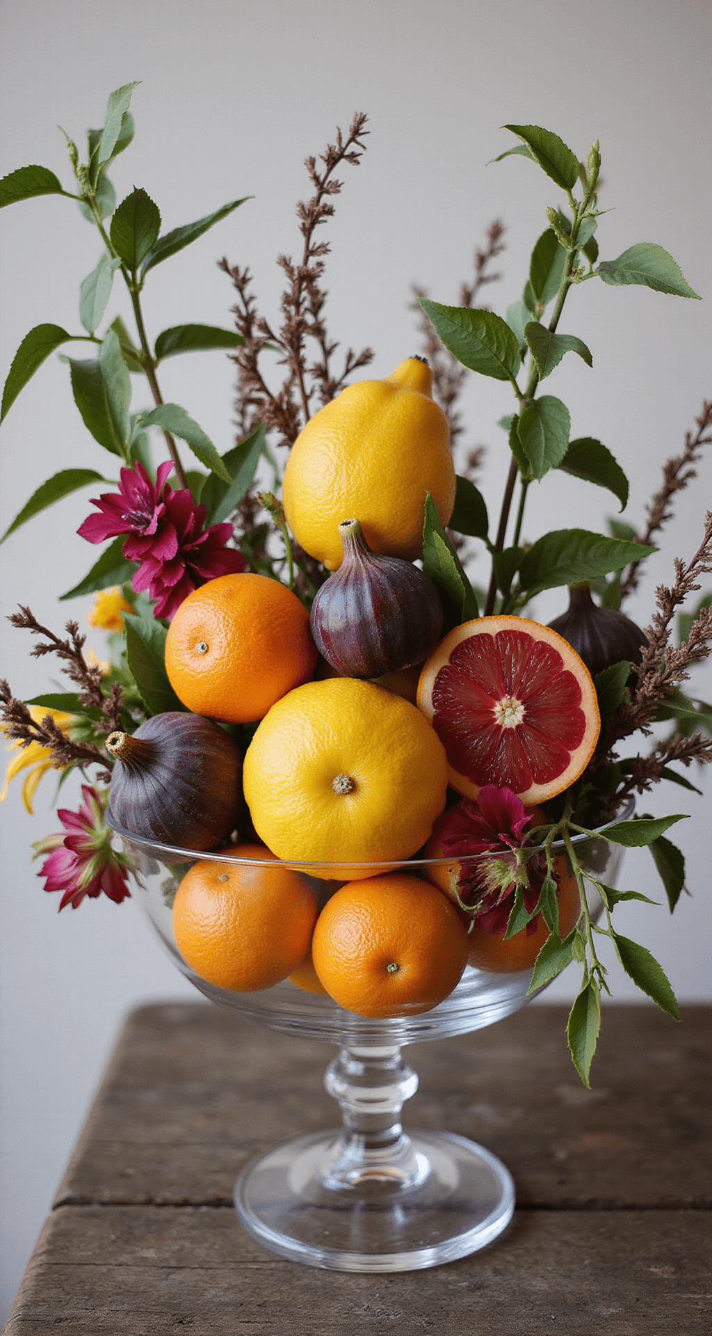 A vibrant centerpiece featuring bright citrus fruits, colorful flowers, trailing jasmine vines, purple artichokes, and burgundy fig branches, captured with a shallow depth of field to emphasize textures and layers.