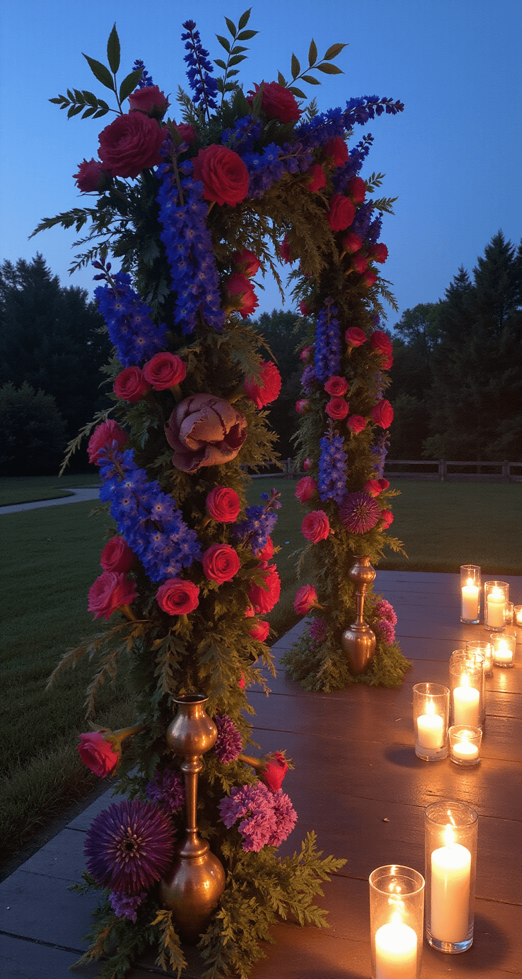 A whimsical twilight ceremony setup with mixed-height floral columns in jewel tones, featuring cobalt delphiniums, magenta peonies, and deep purple dahlias. Vintage brass candlesticks line the aisle, casting a warm glow that reflects off mercury glass vessels, all captured during the serene blue hour.