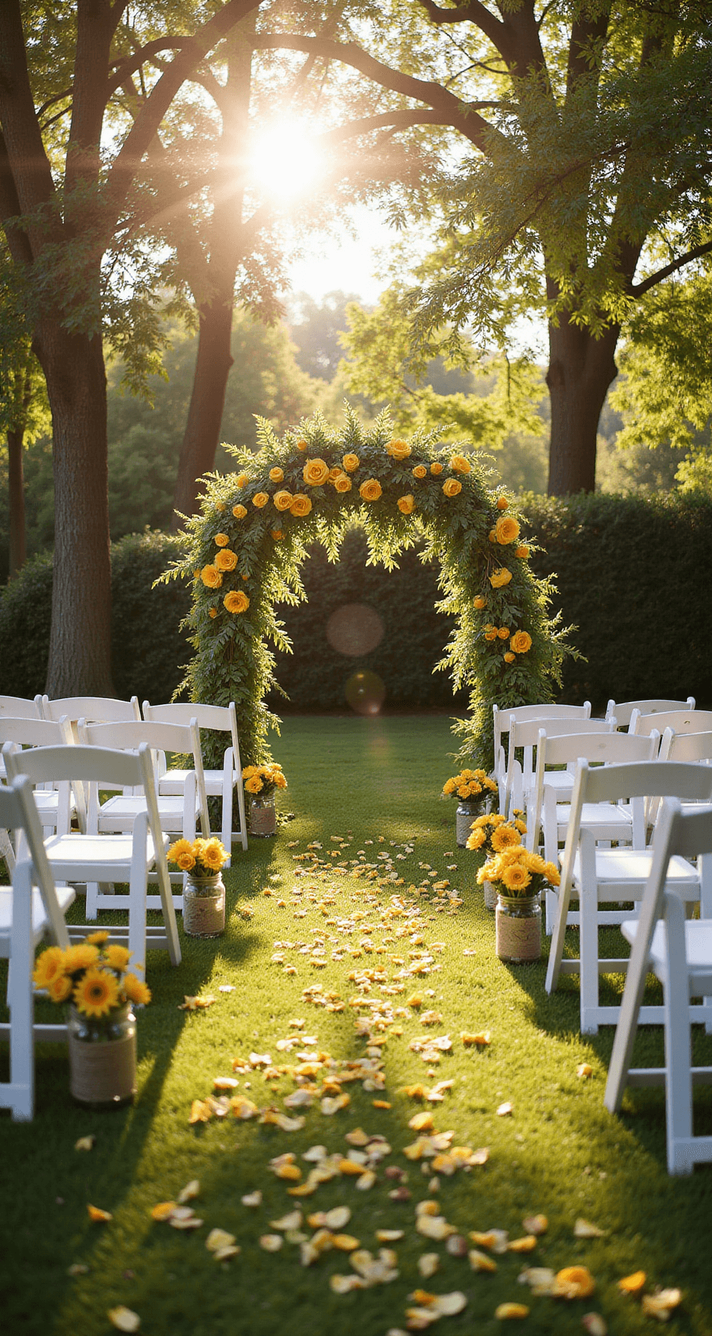 A sun-drenched garden wedding setup during golden hour, featuring rows of white crossback chairs leading to a floral arch of yellow garden roses and sunflowers, with mason jar aisle markers holding fresh yellow tulips, all beneath a tree canopy casting dappled light on the grass.