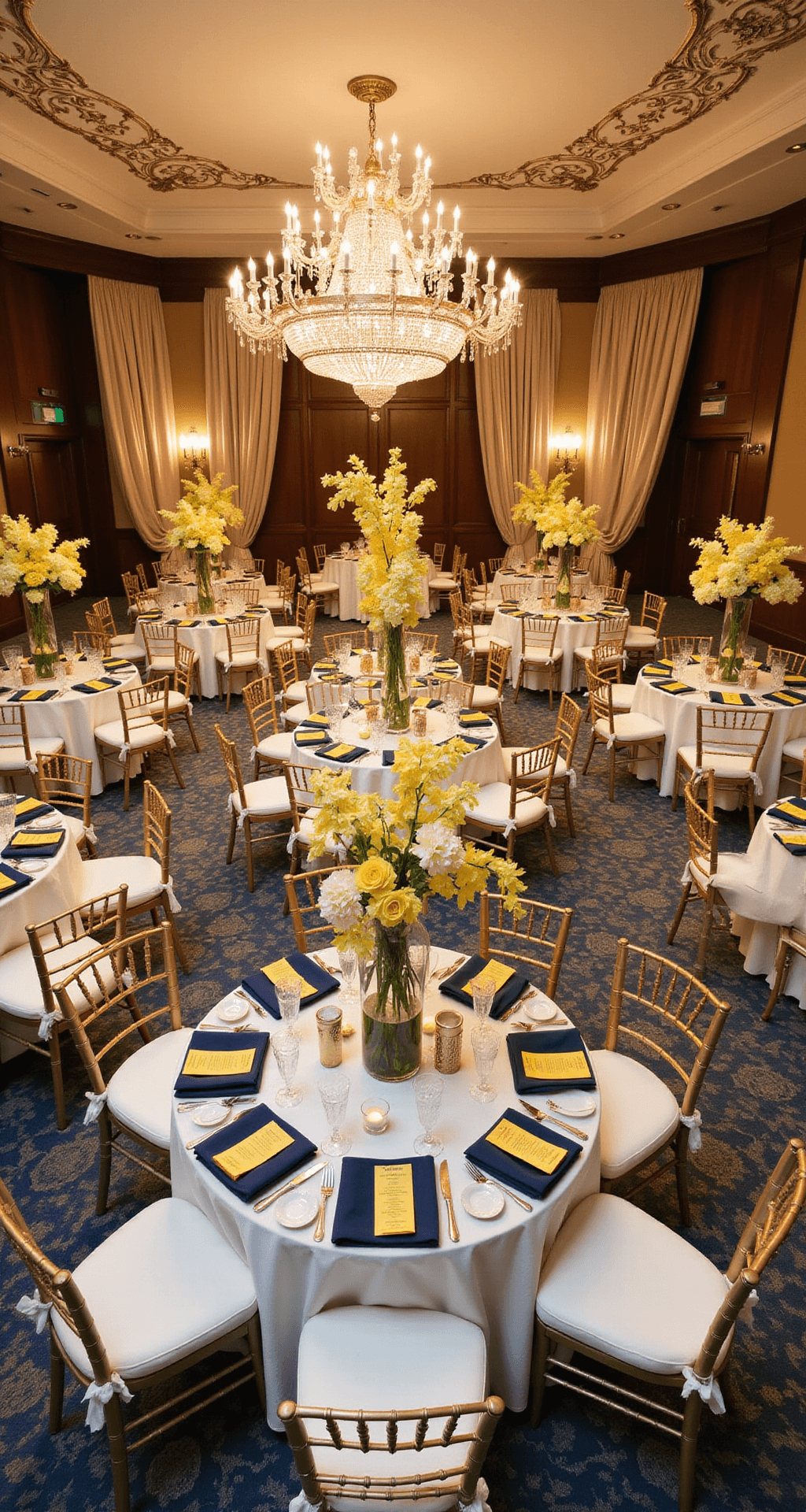 Elegant ballroom reception with round tables featuring white linens and navy blue runners, adorned with towering centerpieces of yellow orchids, roses, and ranunculus. Crystal chandeliers illuminate gold chargers and yellow menu cards, showcasing the geometric table arrangement and ornate ceiling details.
